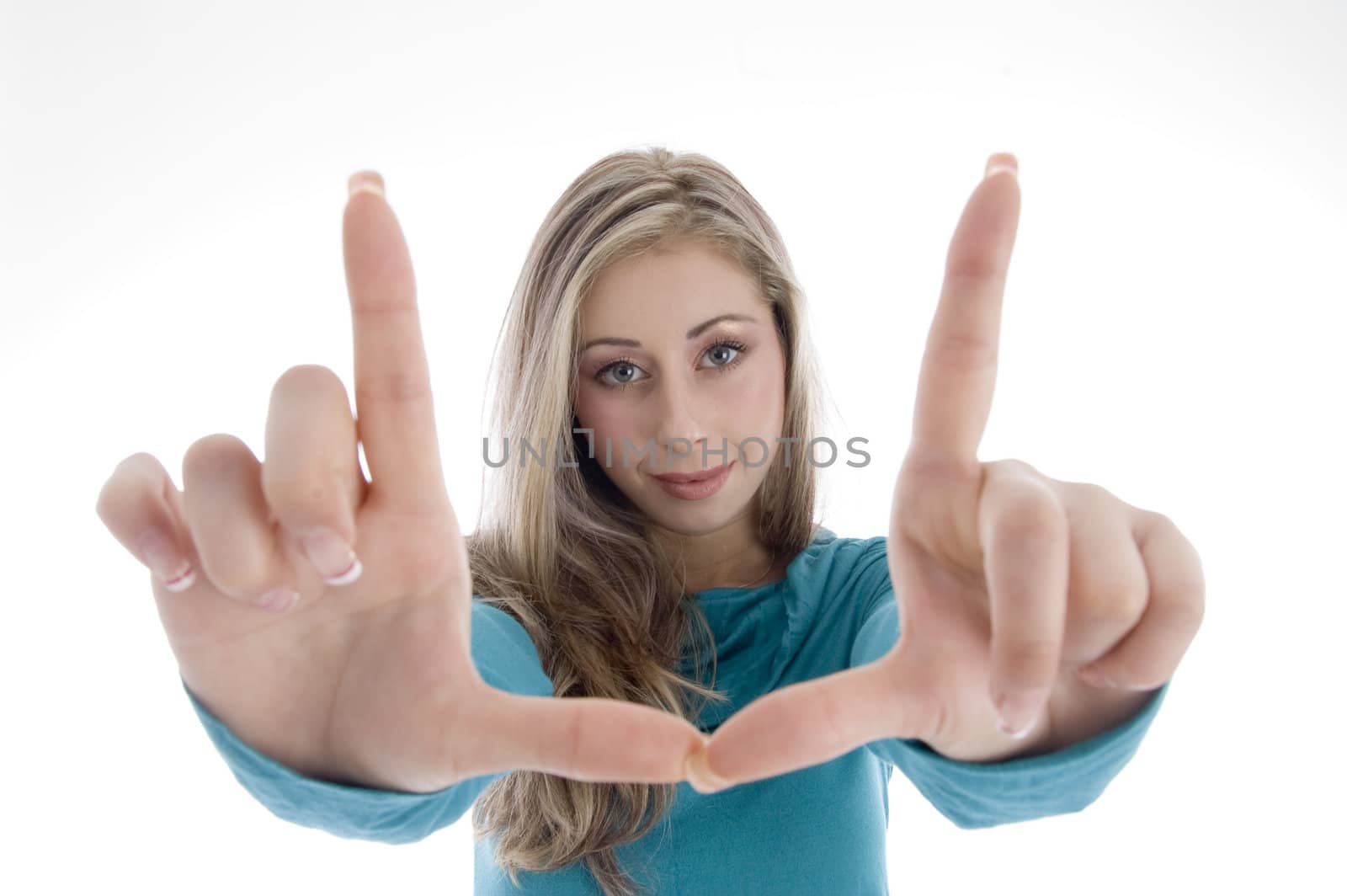 woman showing directing hand gesture with white background