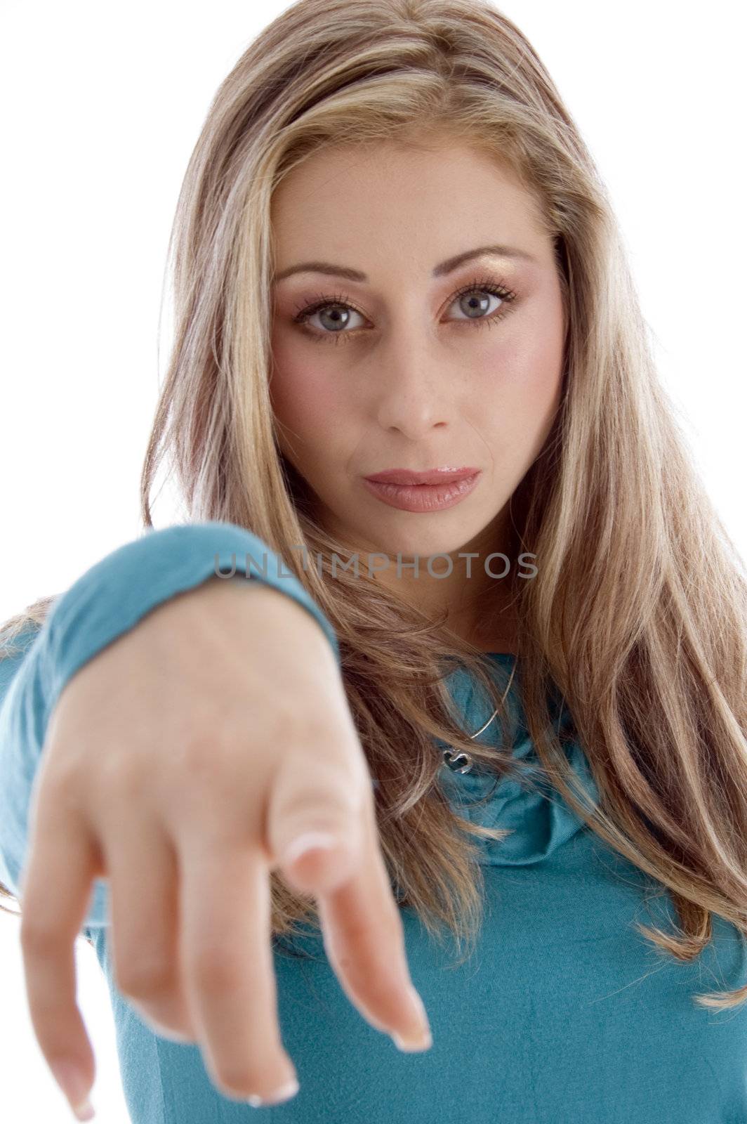 charming woman pointing you on an isolated background