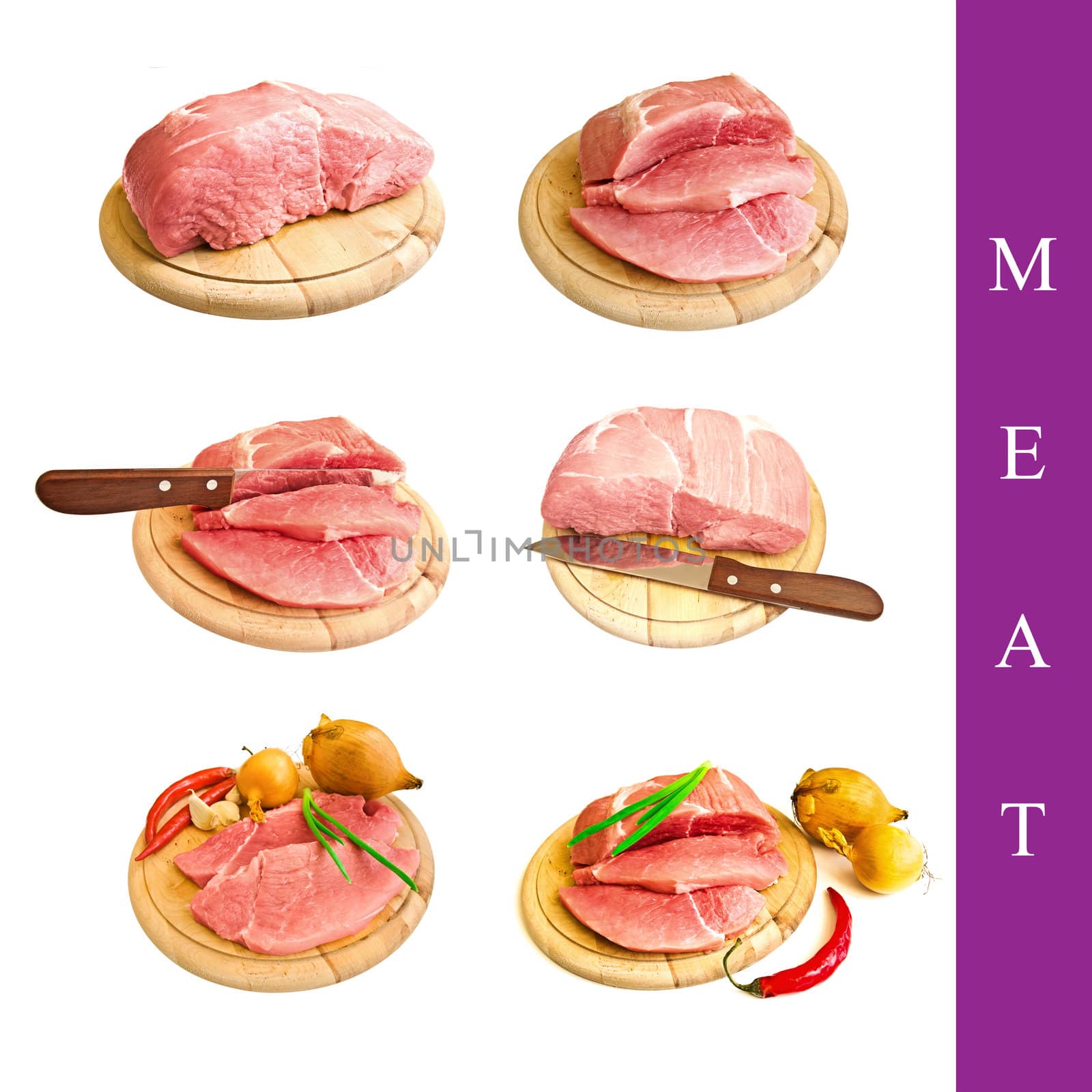 set of different meat images over white background