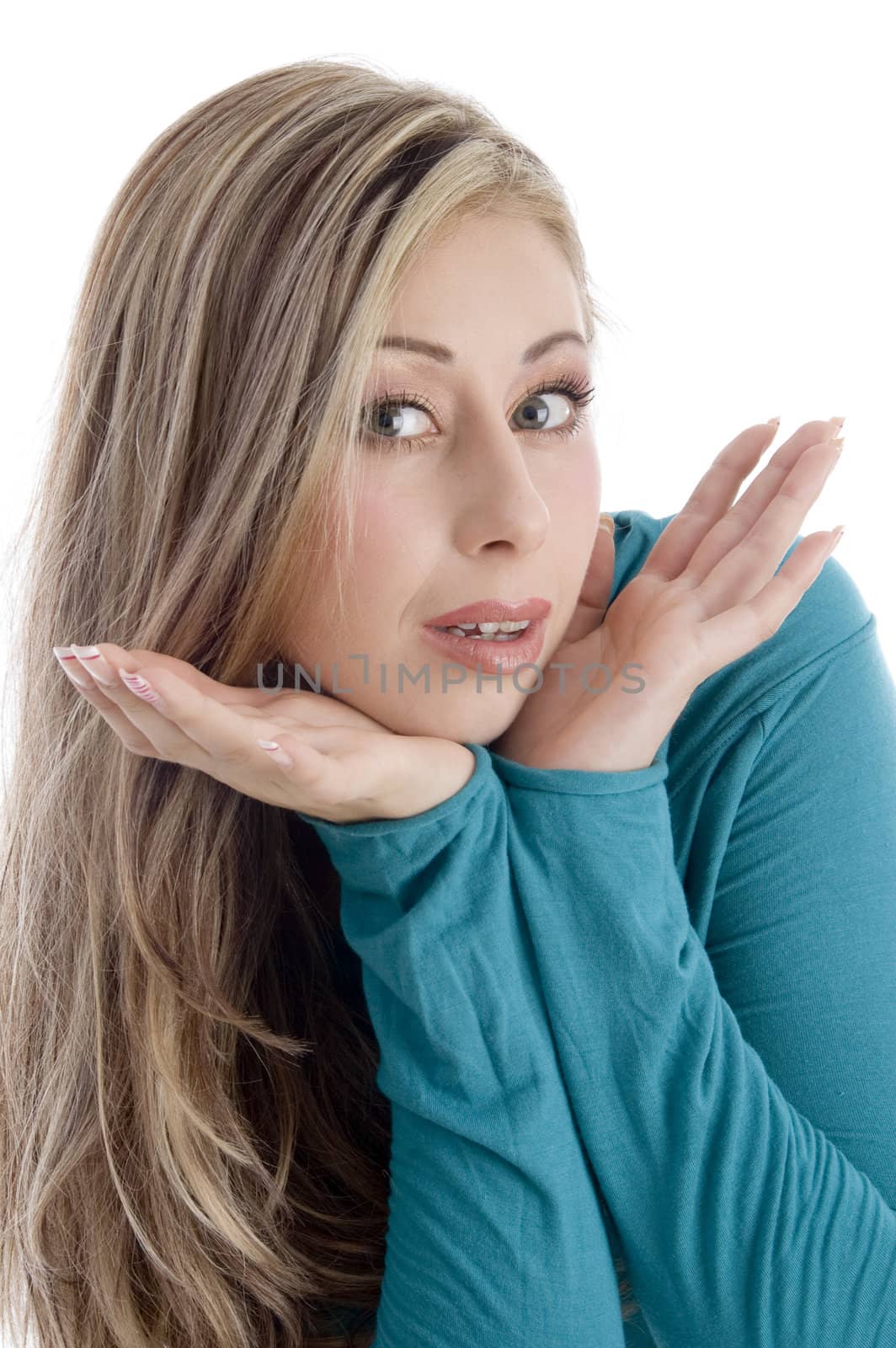 posing charming female against white background