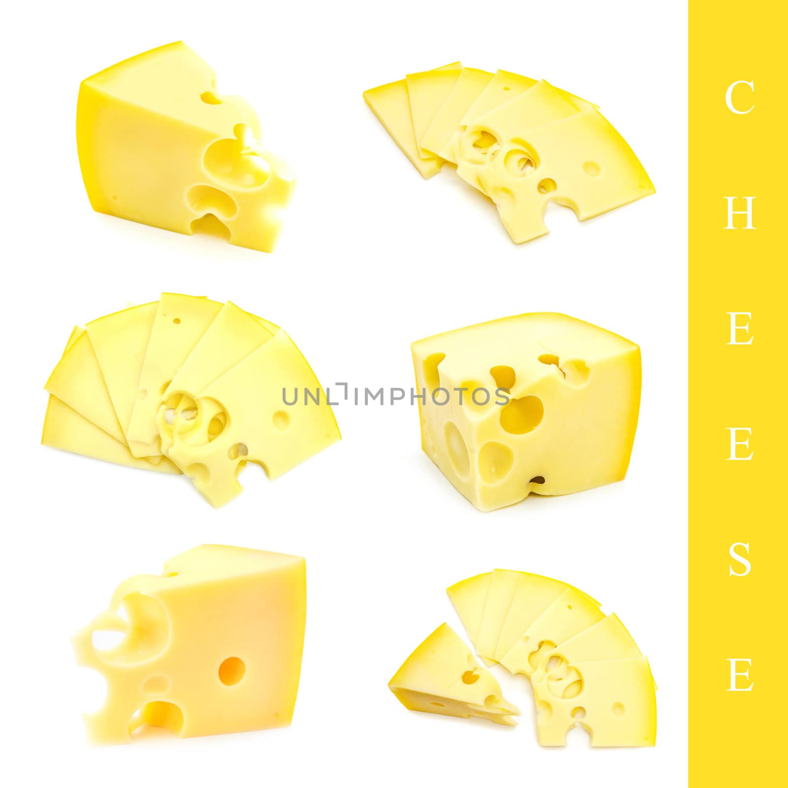 set of different cheese images over white background