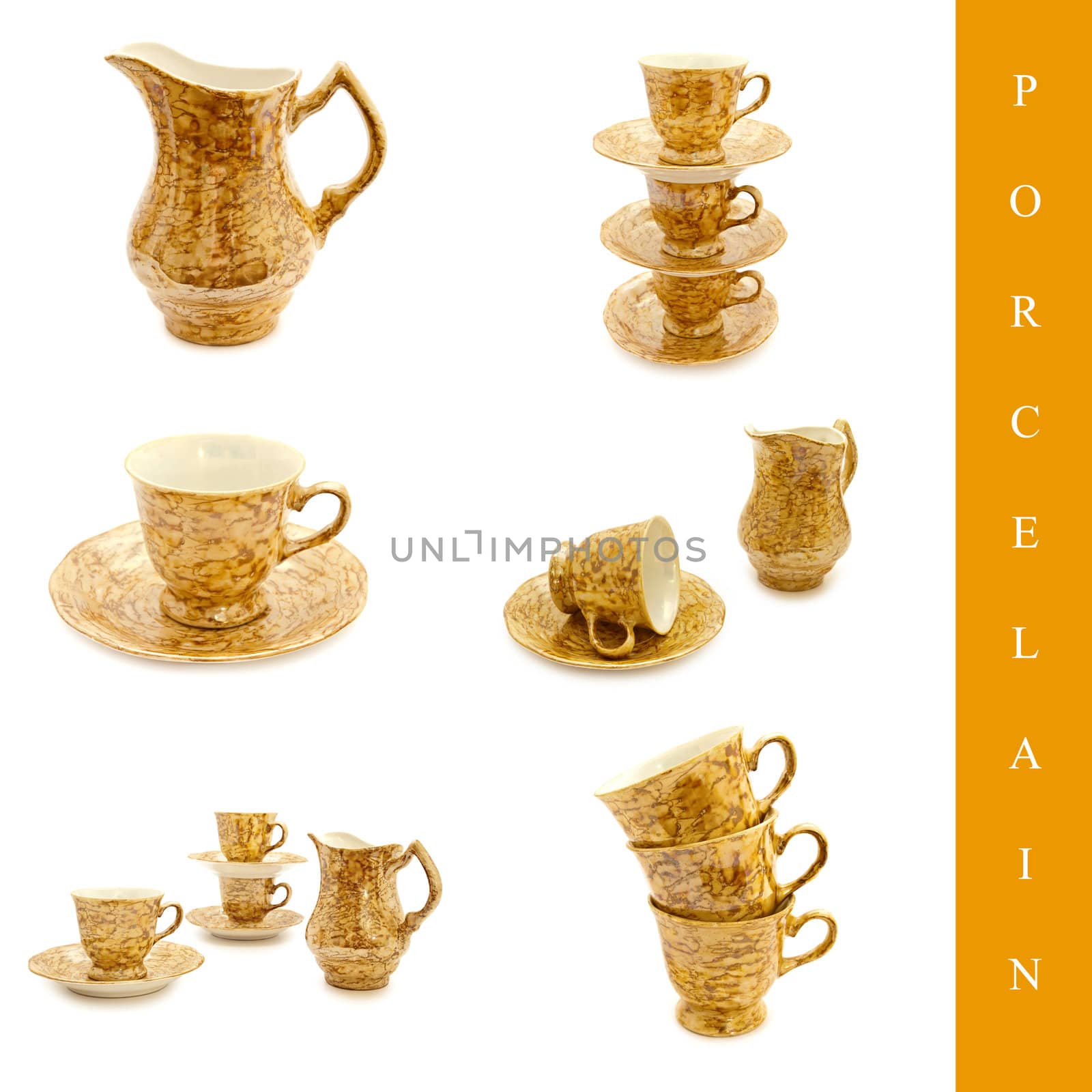 set of different porcelain cups images over white background
