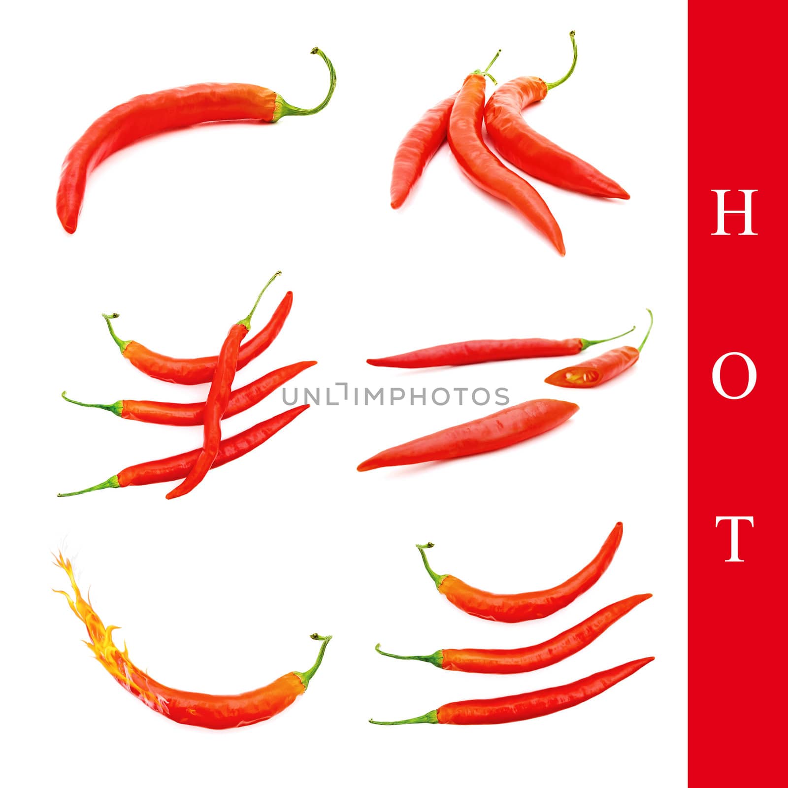 set of different red peppers images over white background