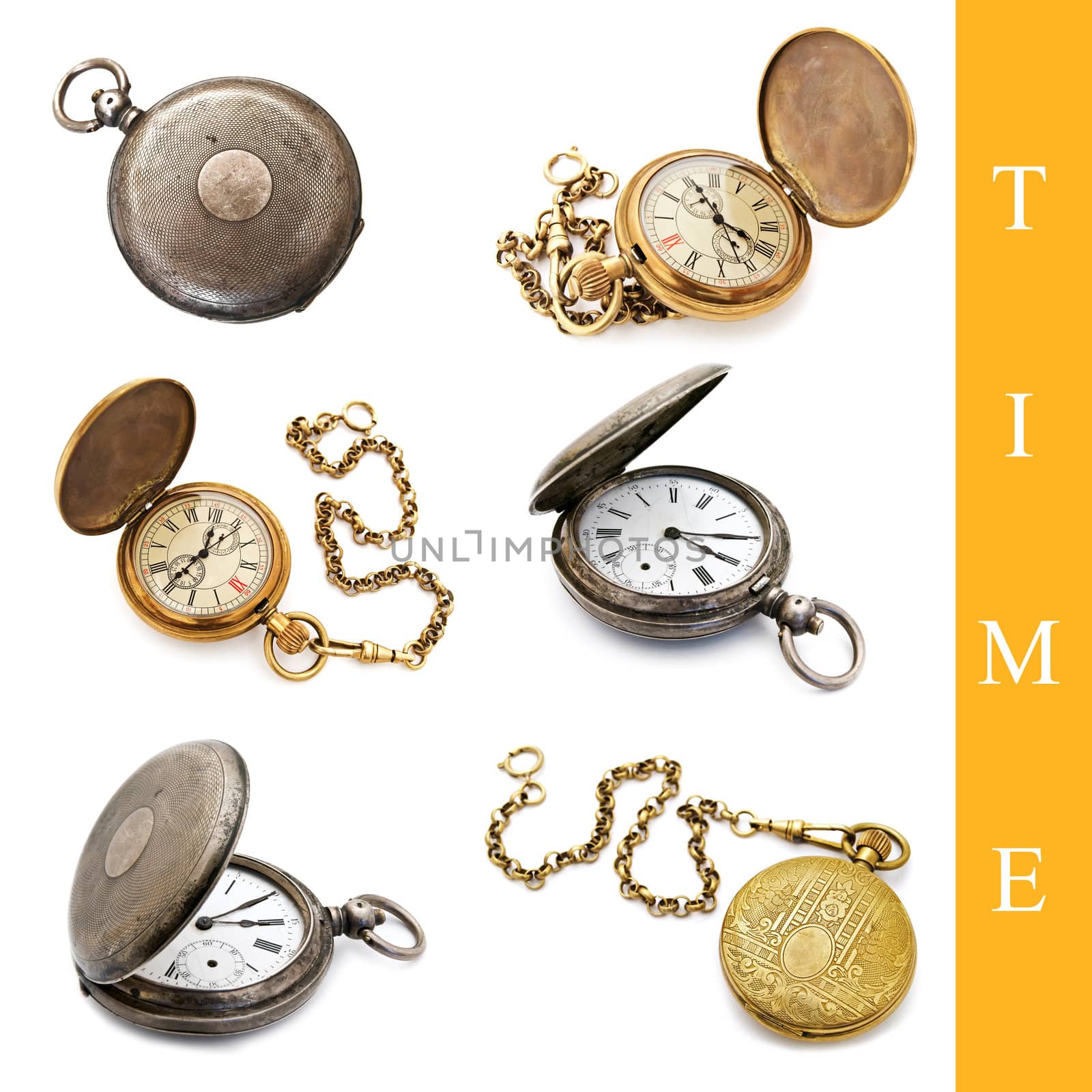set of different pocket watch images over white background