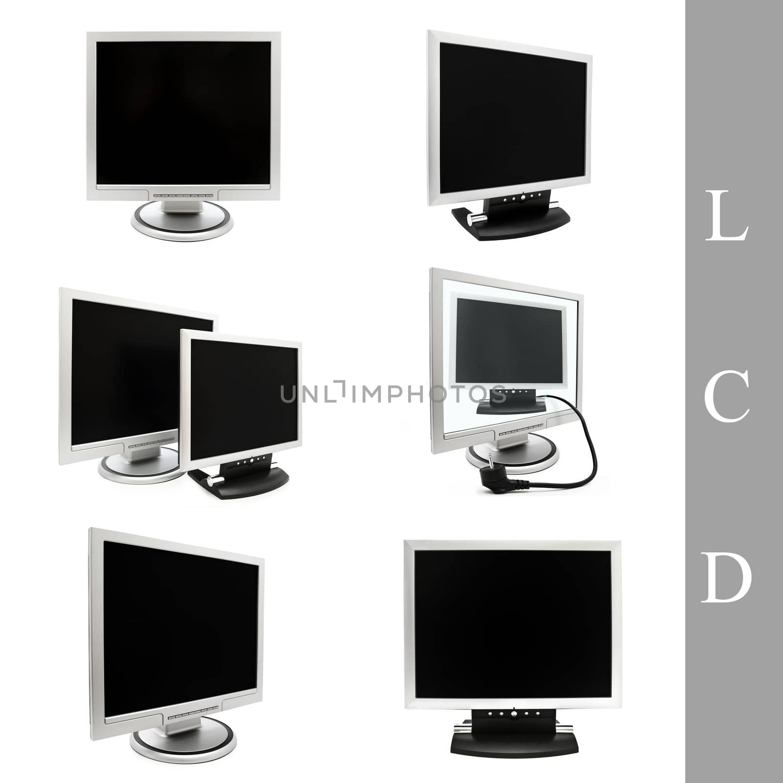 set of different LCD monitors images over white background