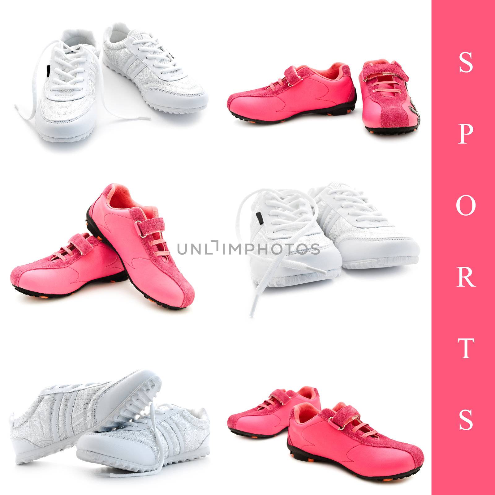 set of different sneakers images over white background