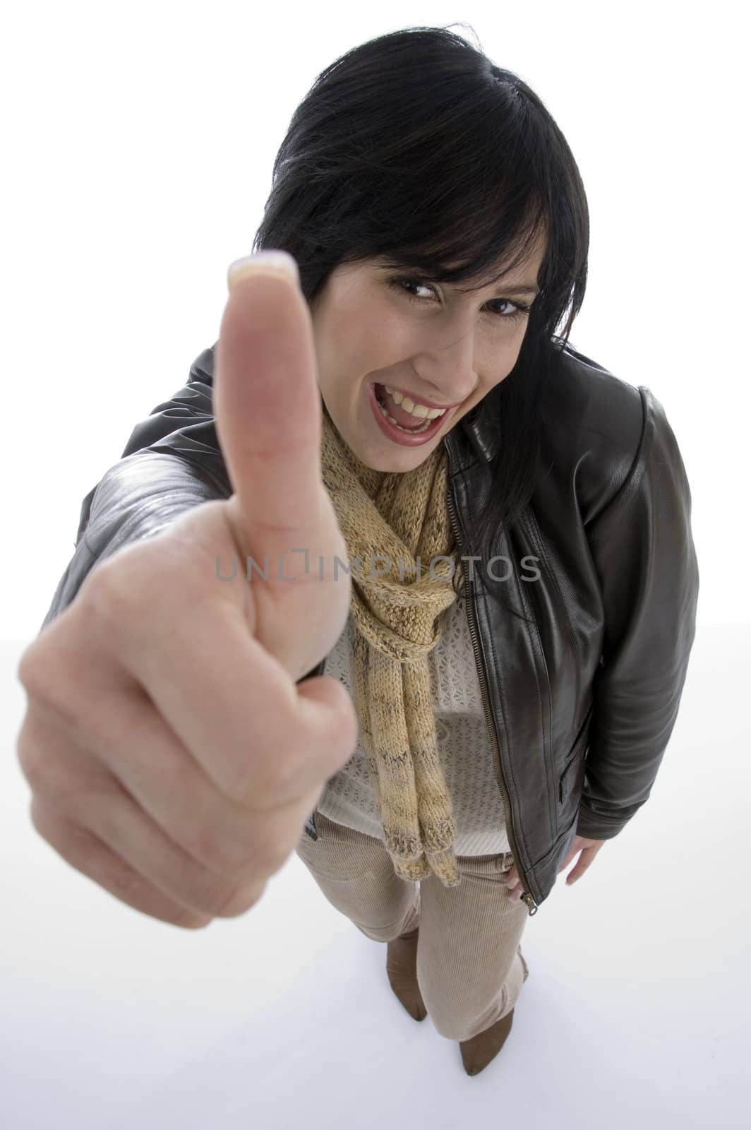 happy woman good luck sign on an isolated background