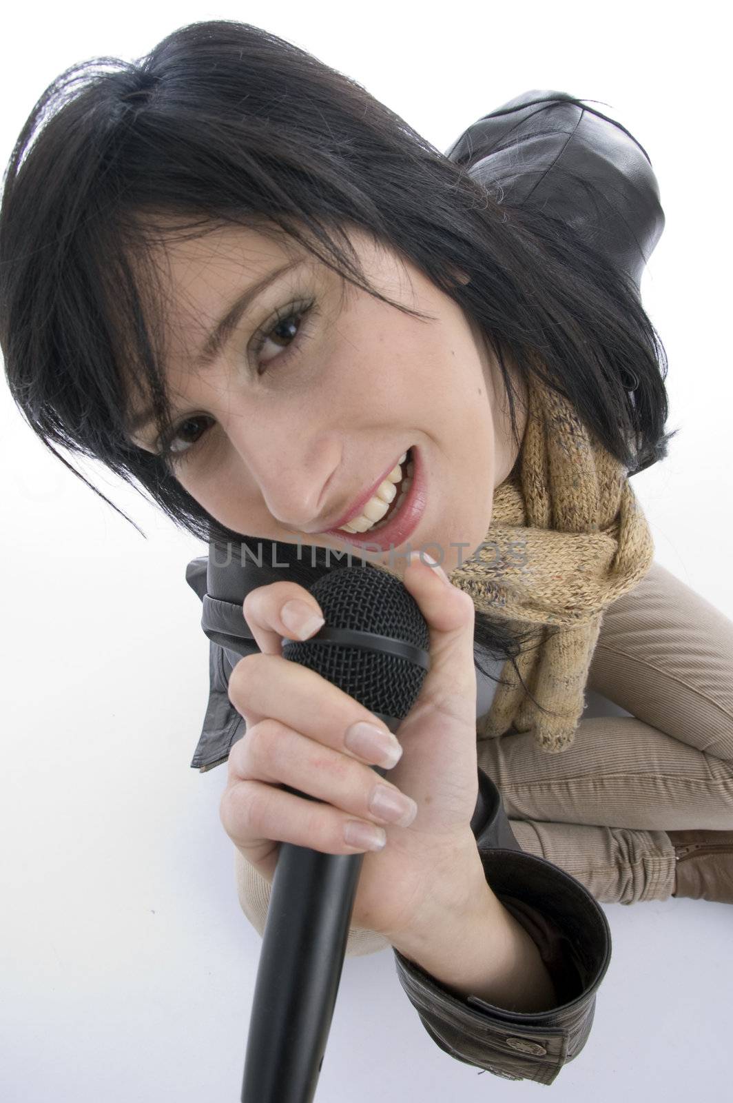 woman in singing pose on isolated background