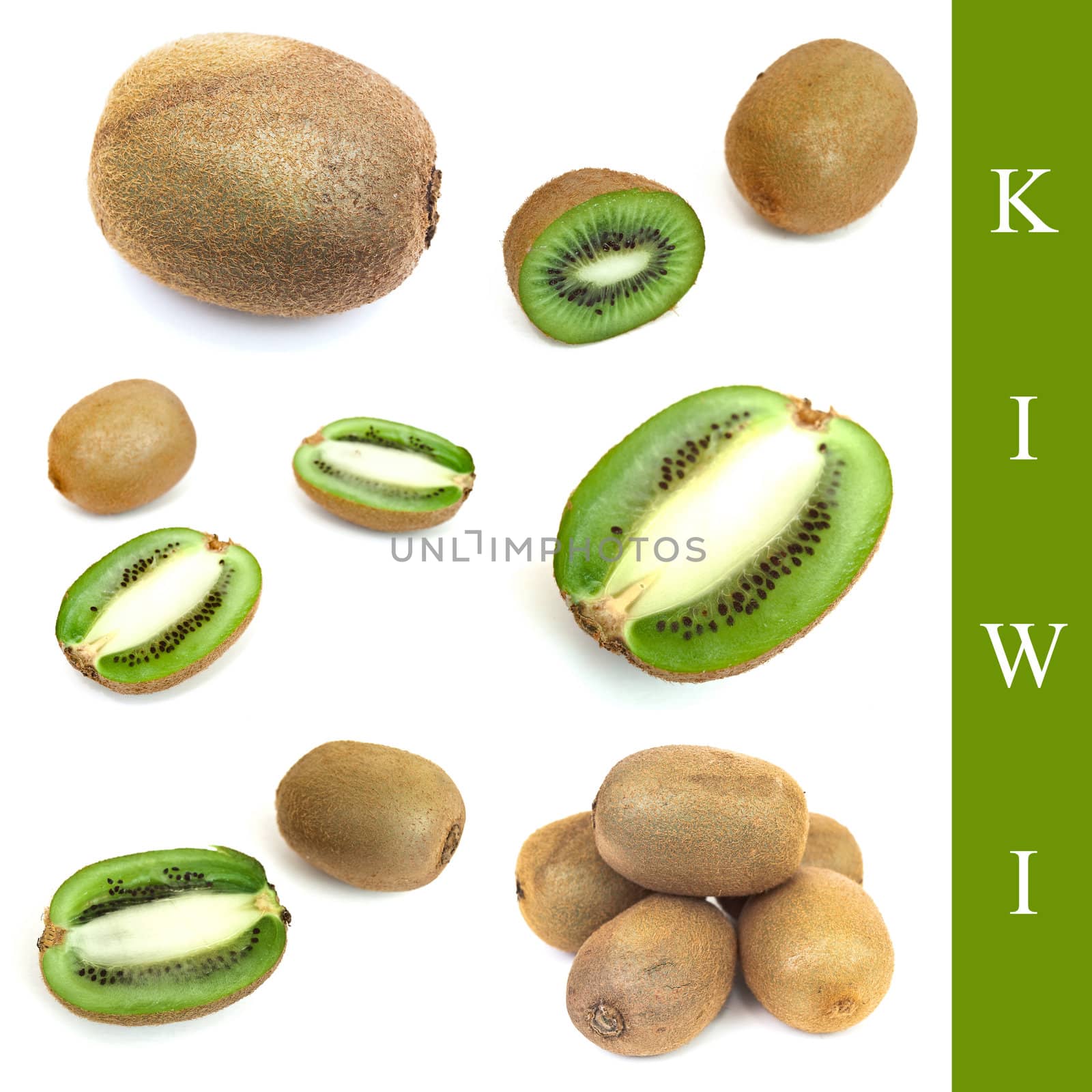 set of different kiwi images over white background