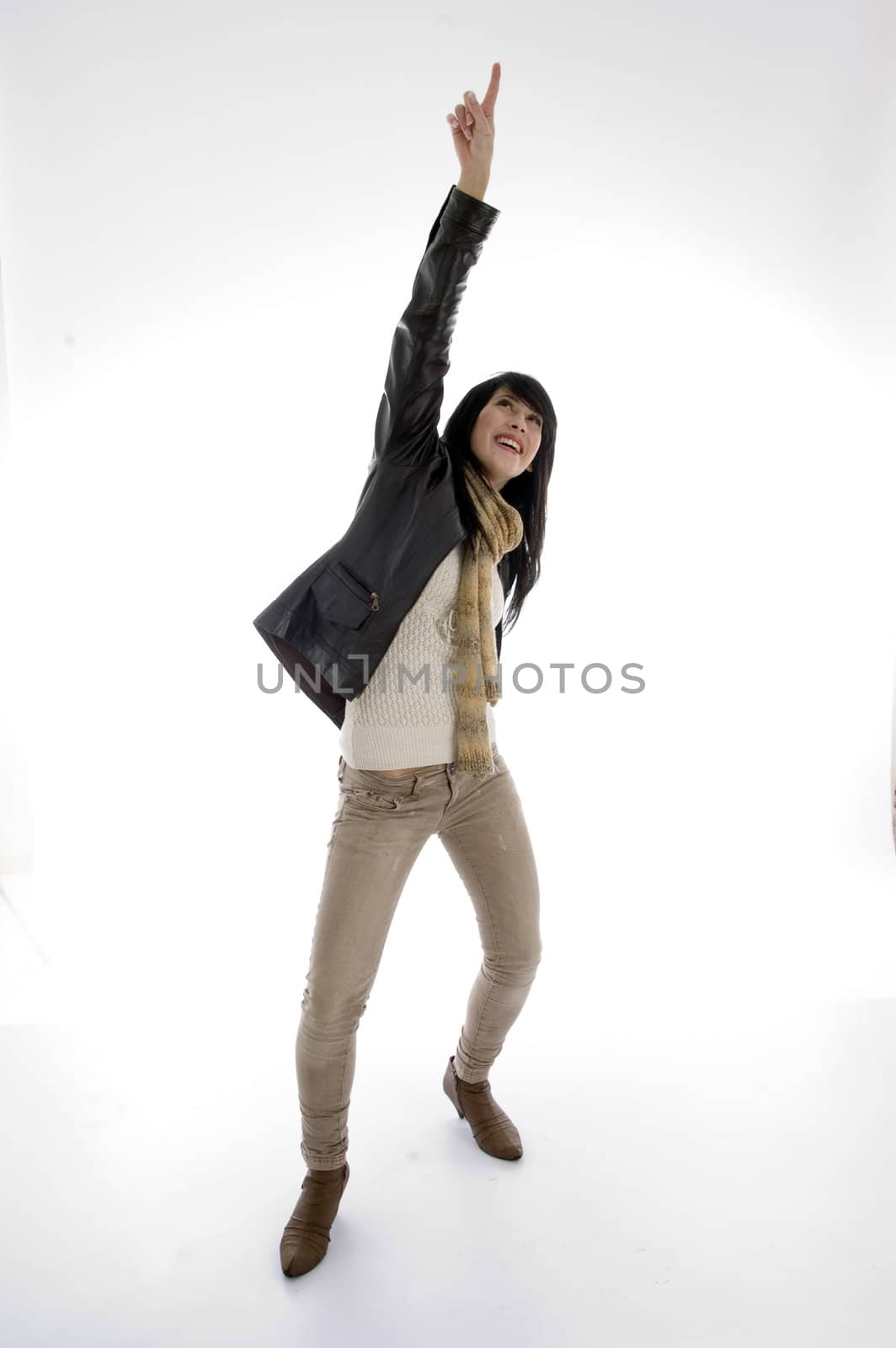 woman pointing upwards isolated on white background