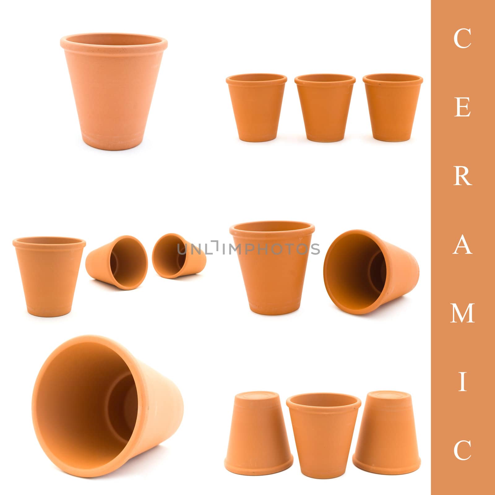 set of different ceramic pots images over white background