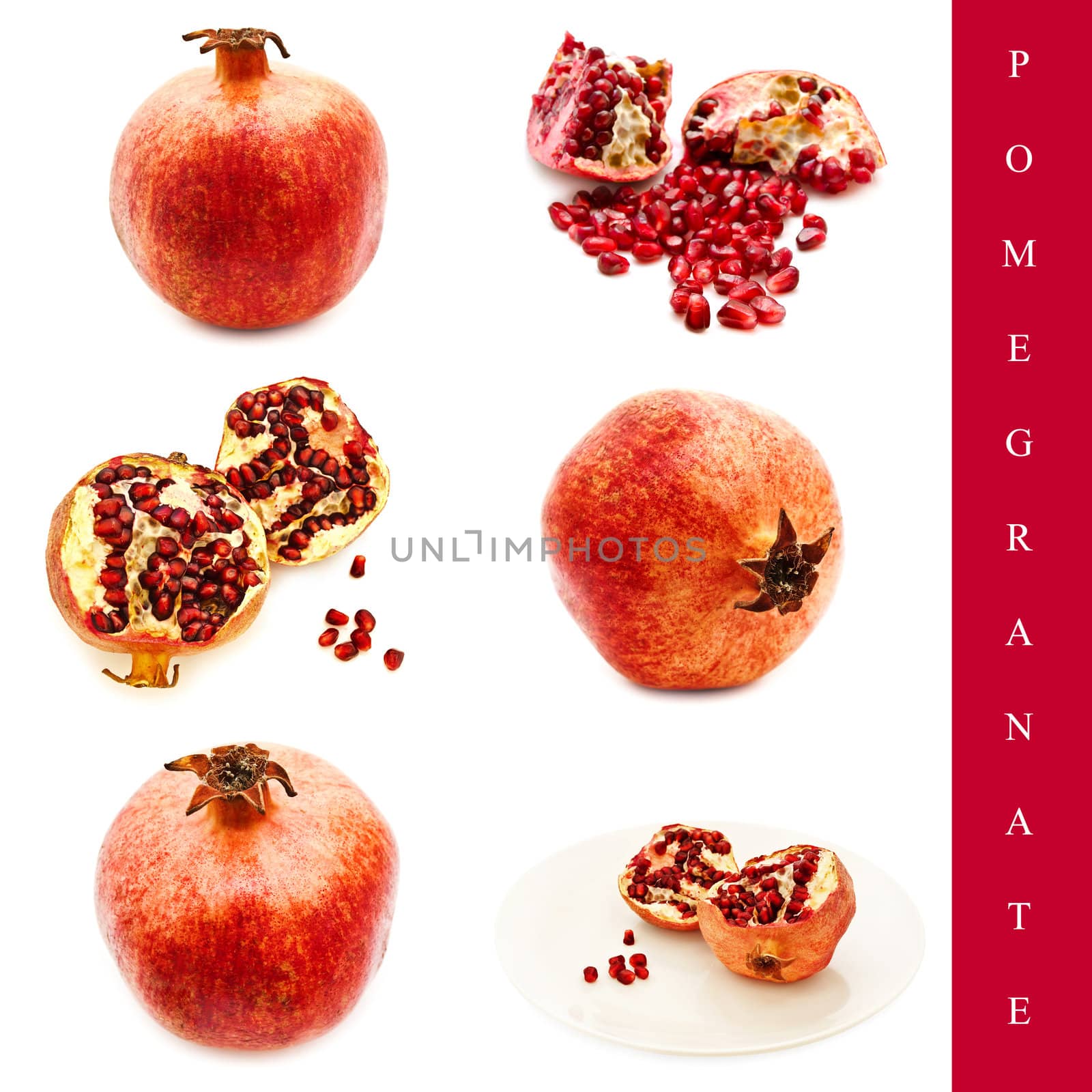 set of different pomegranate images over white background