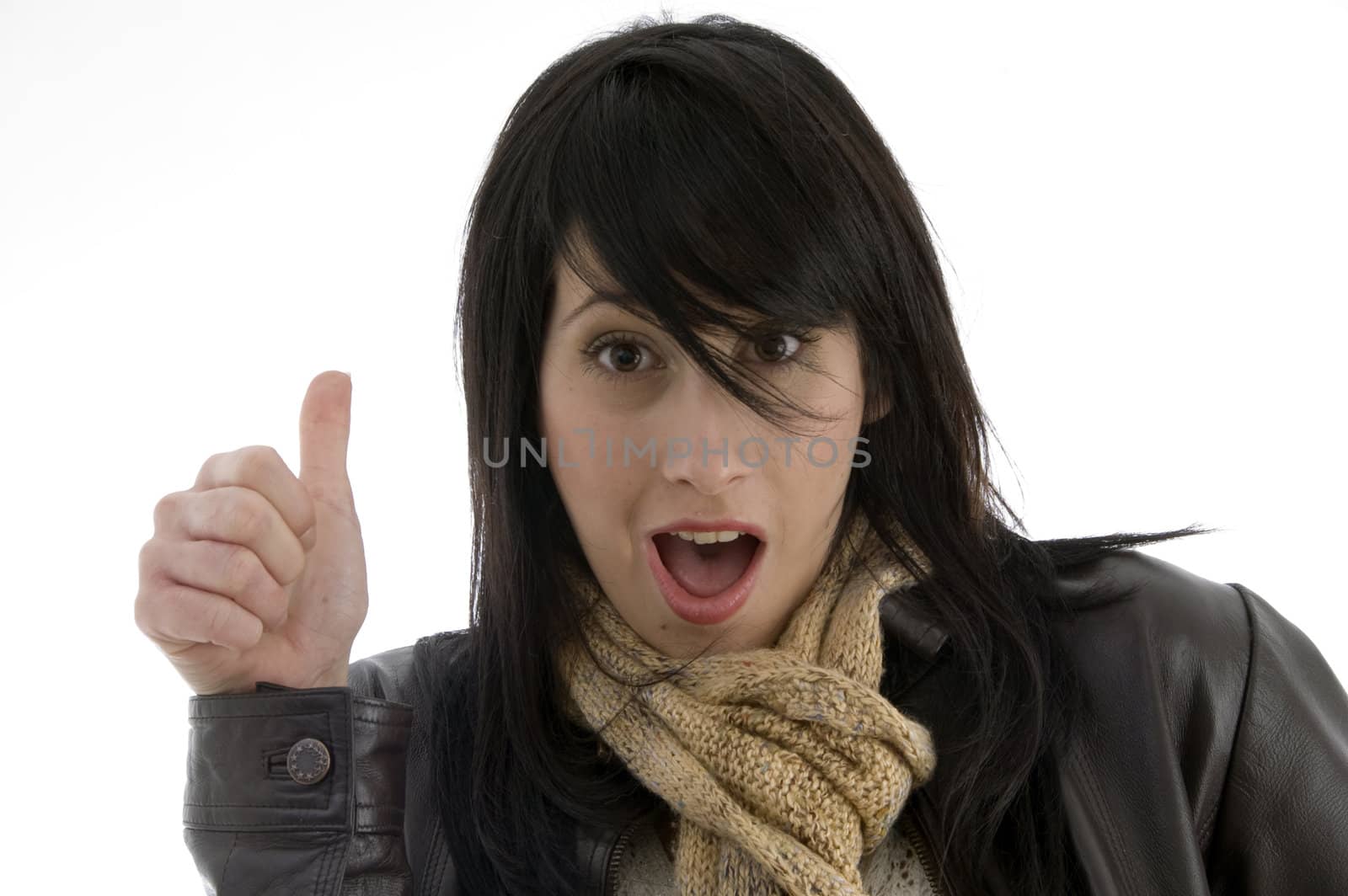 woman giving shocking expression with thumbs up isolated on white background