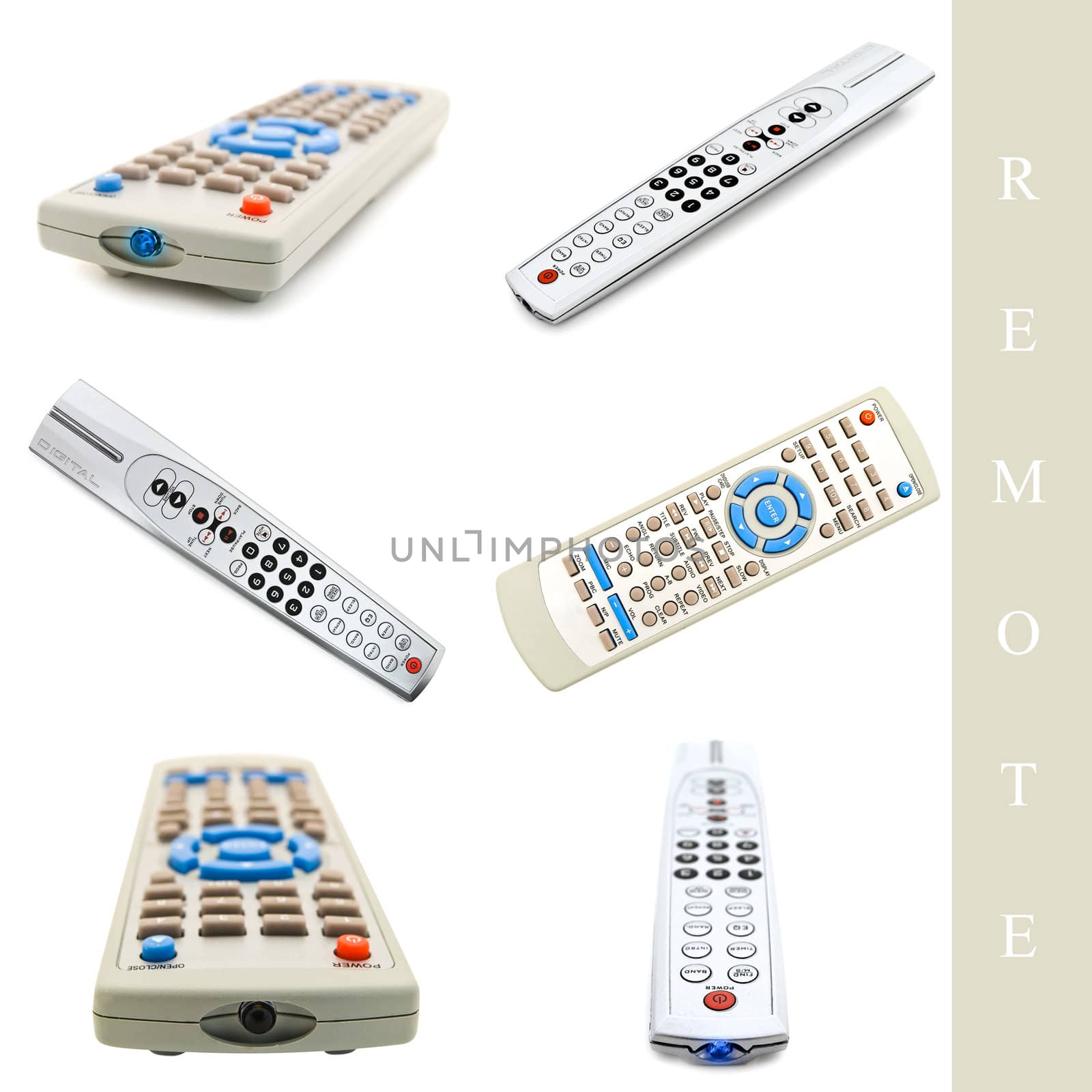 set of different remote controls over white background