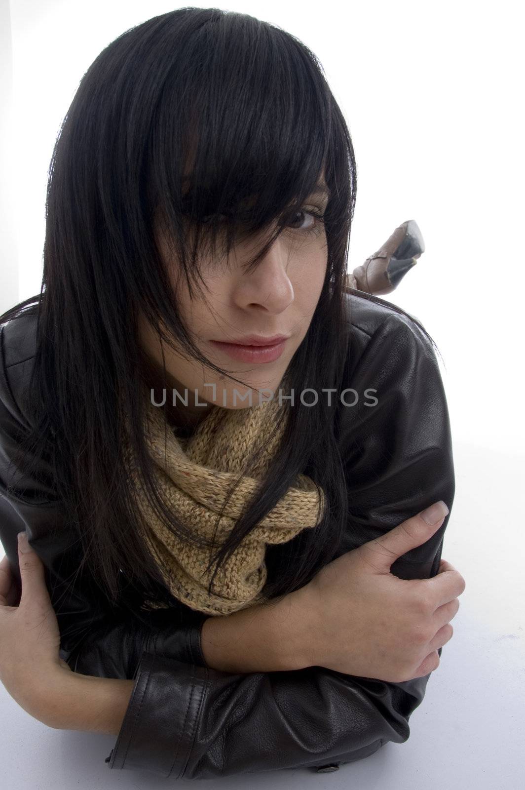 woman lying on floor on an isolated white background
