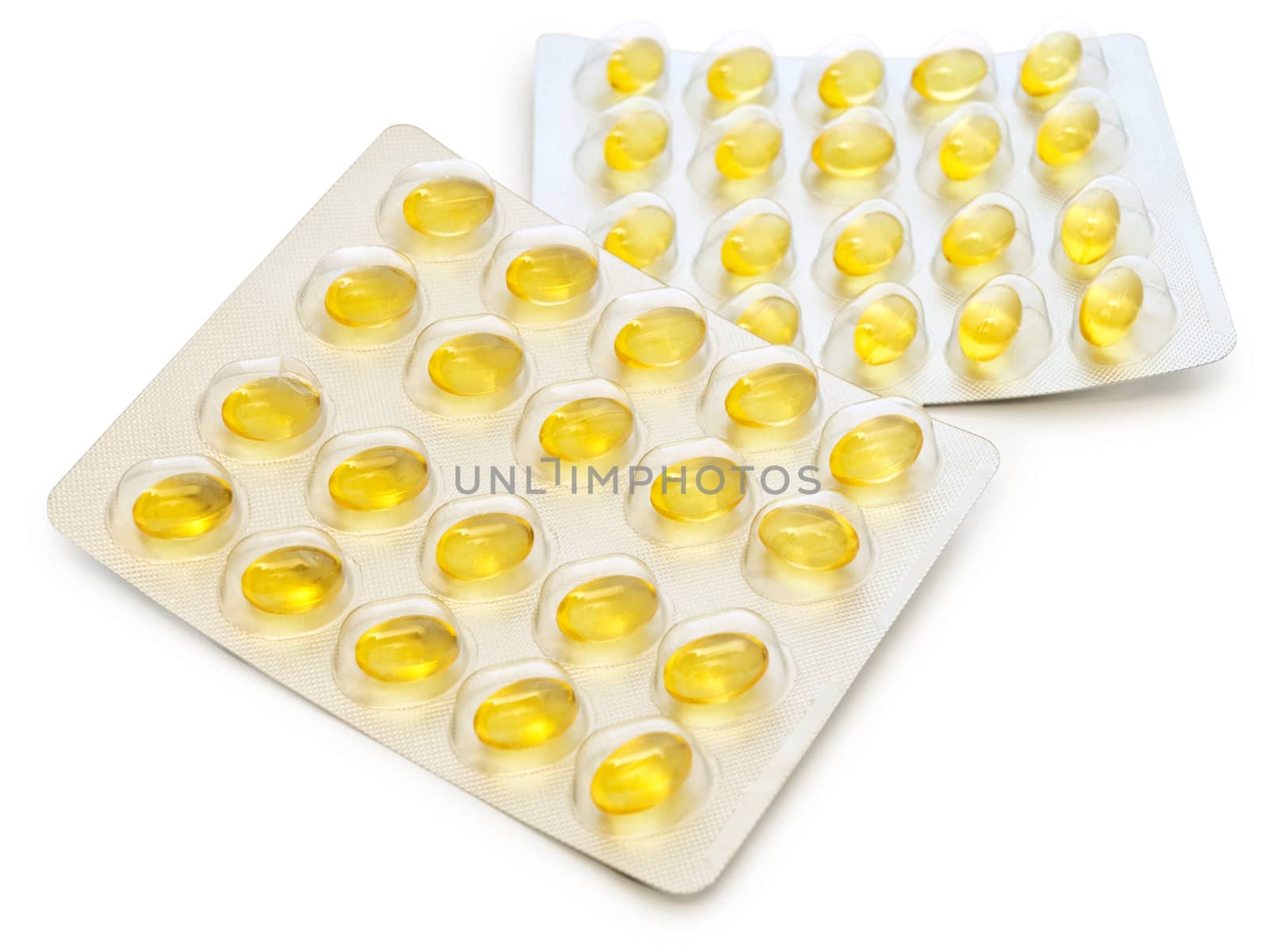 package of fish oil pills over the white background