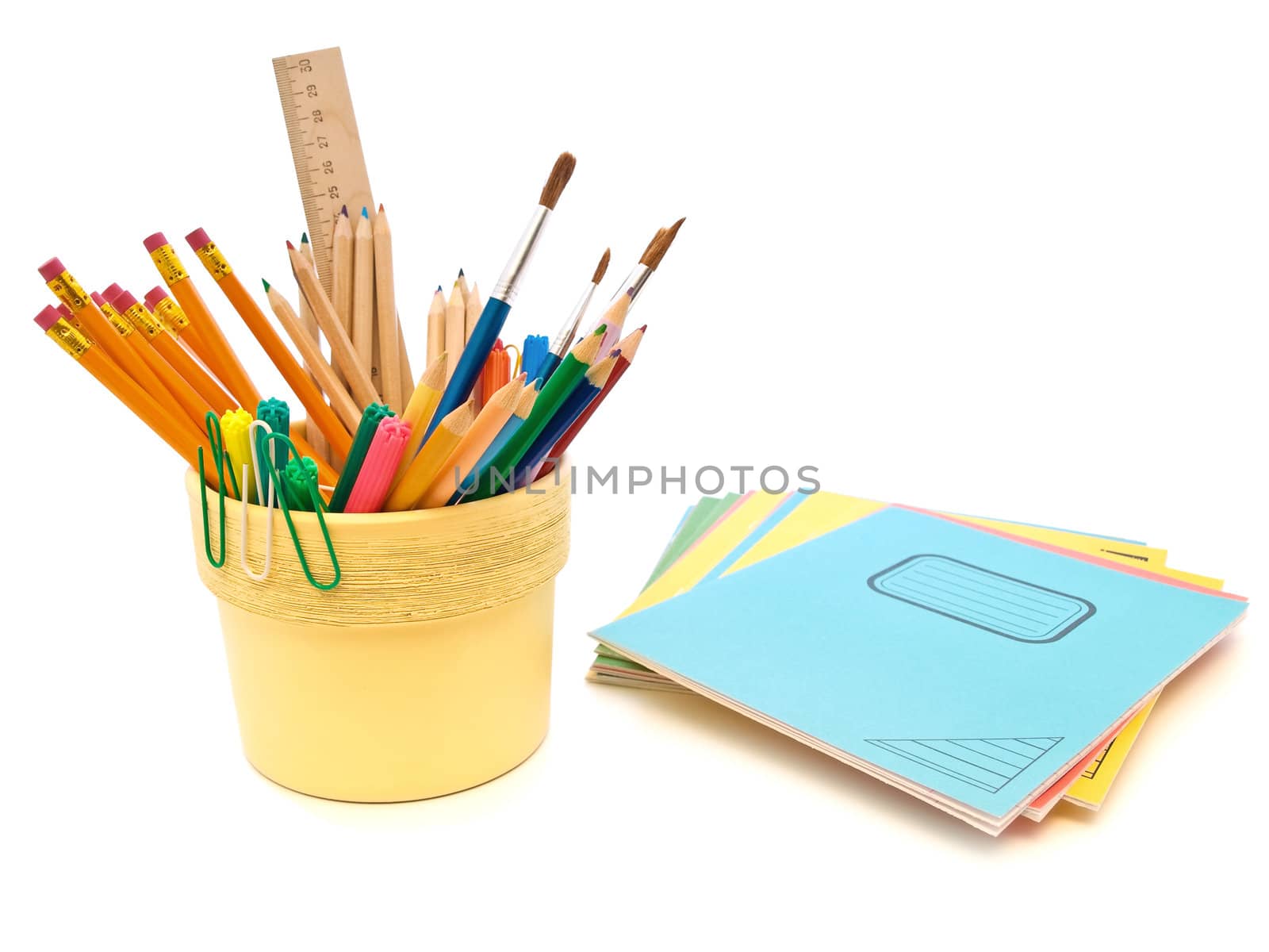 different office supplies over the white background