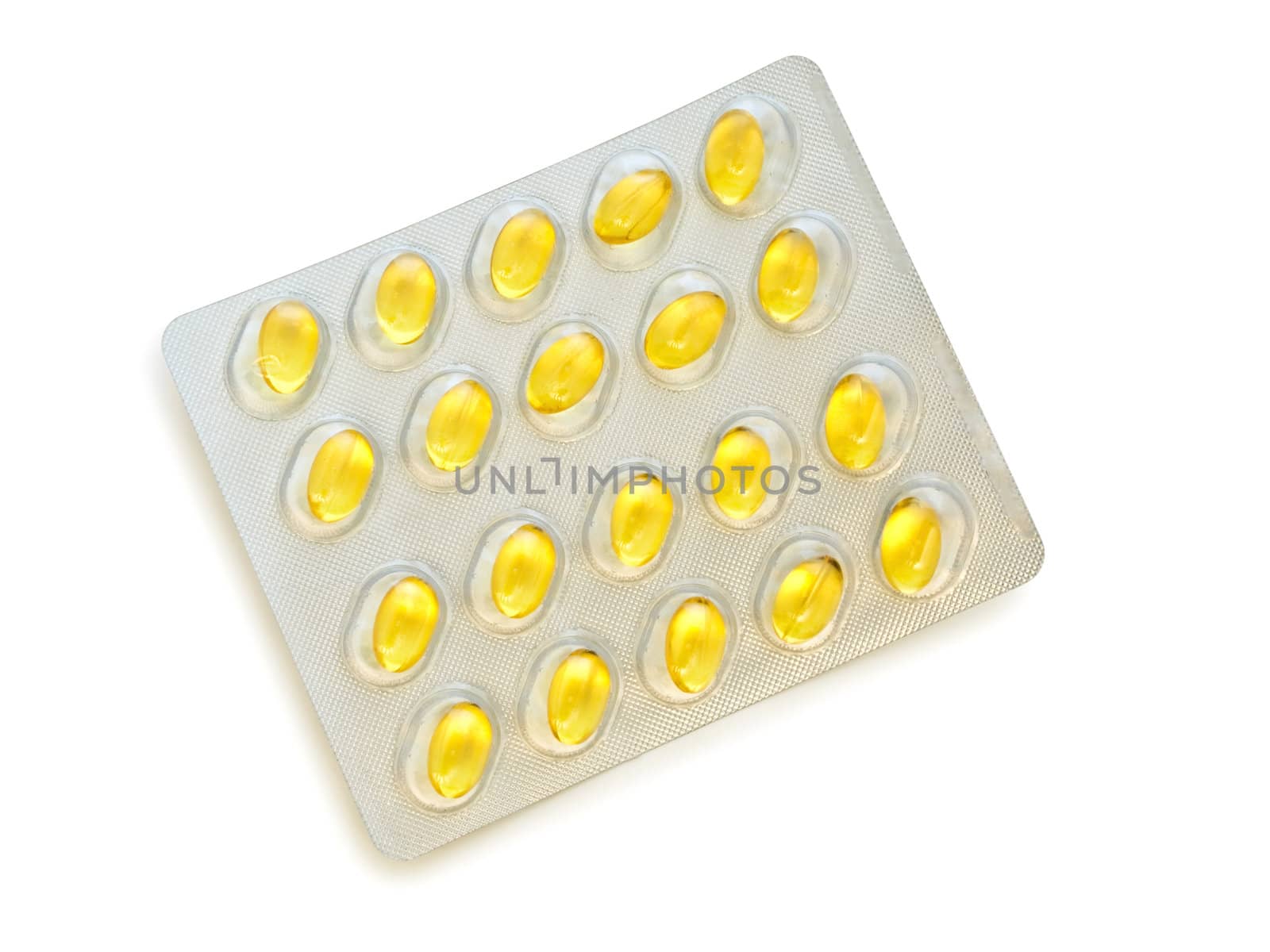 package of fish oil pills over the white background