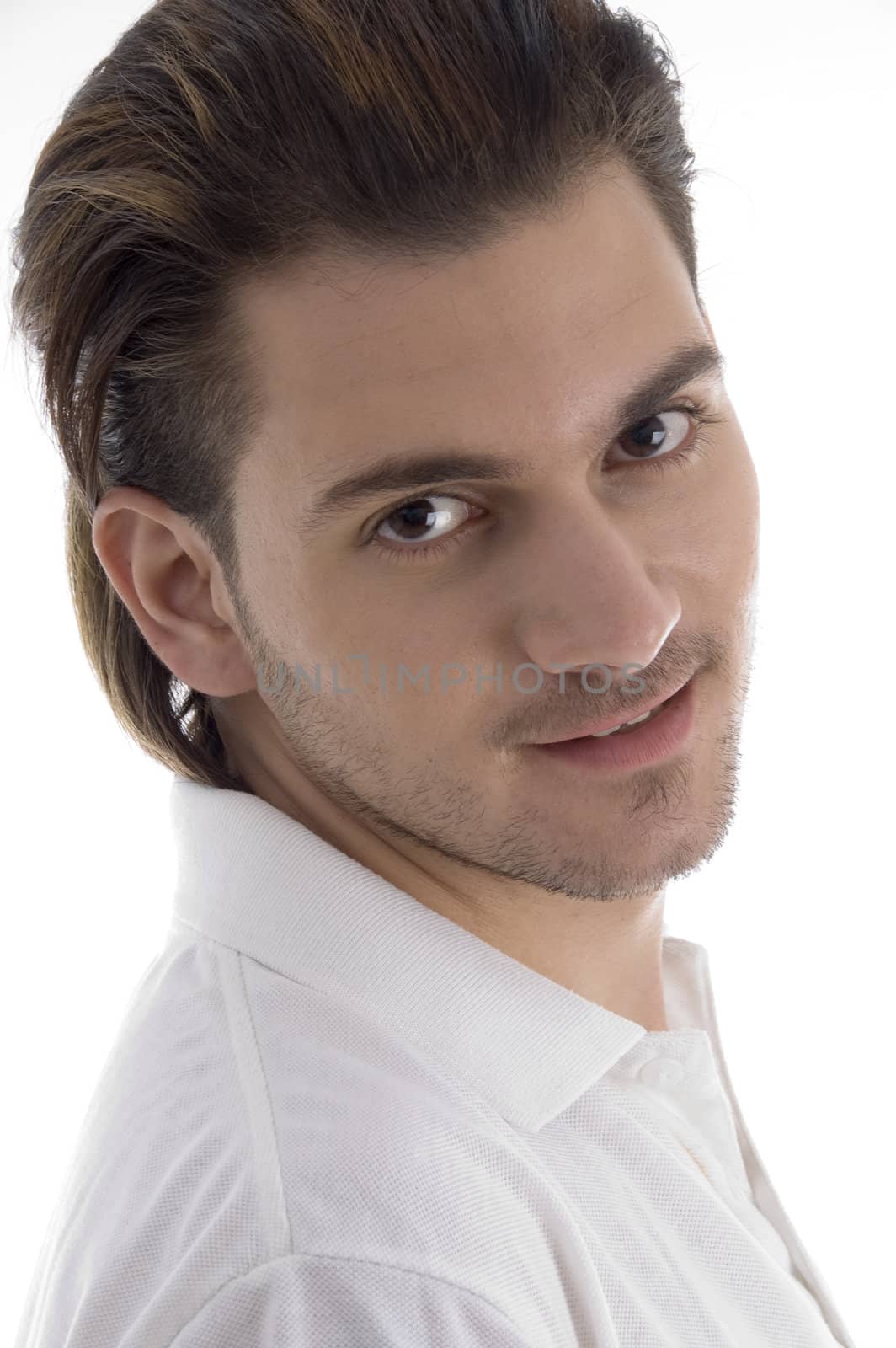 close up of smart guy with white background