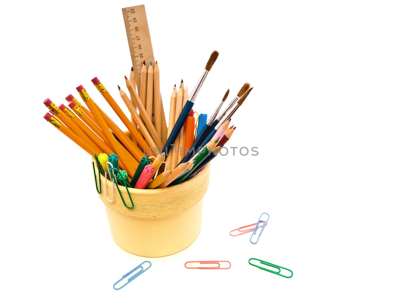 different office supplies over the white background