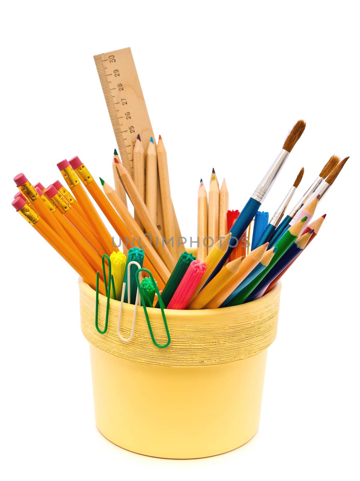different office supplies over the white background