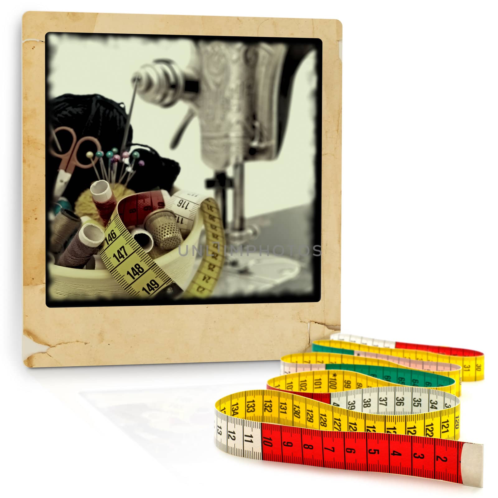 tailor meter in front of old style photo with knitting items 