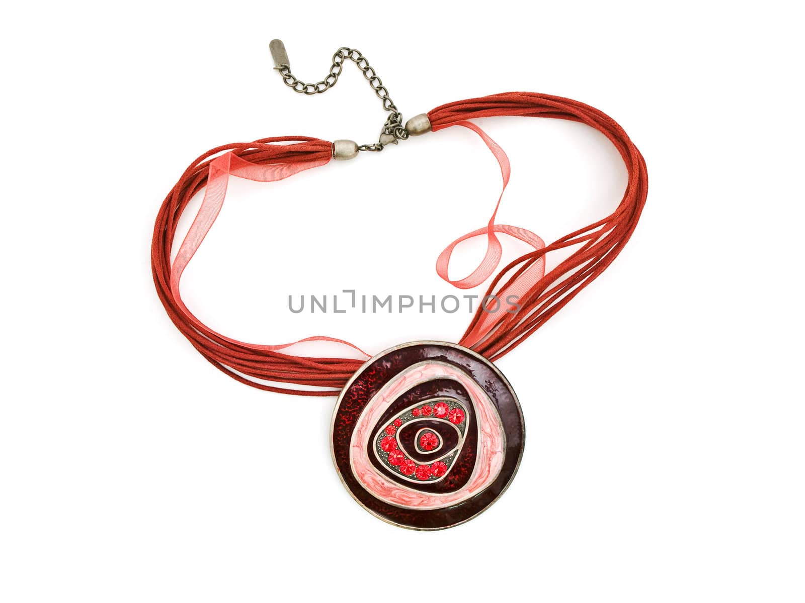 fashion necklace with bright red gems over white  background