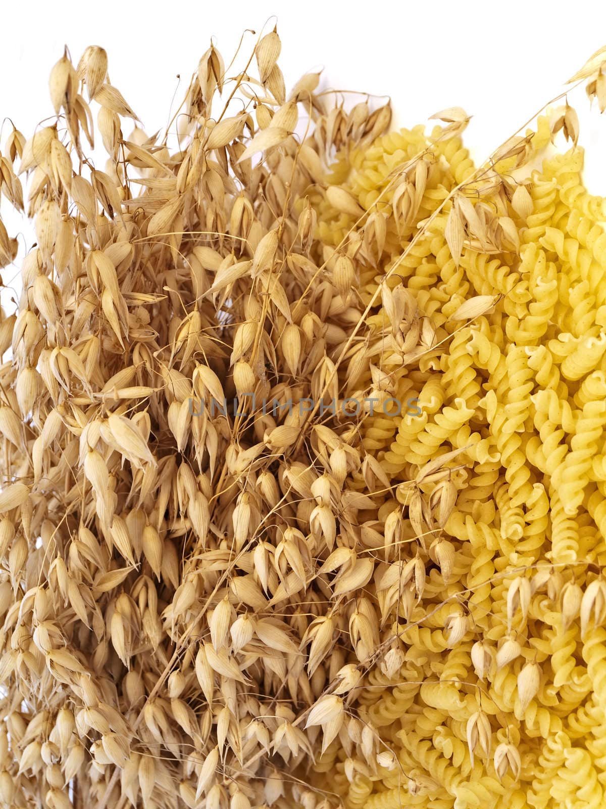pasta and oat against white background