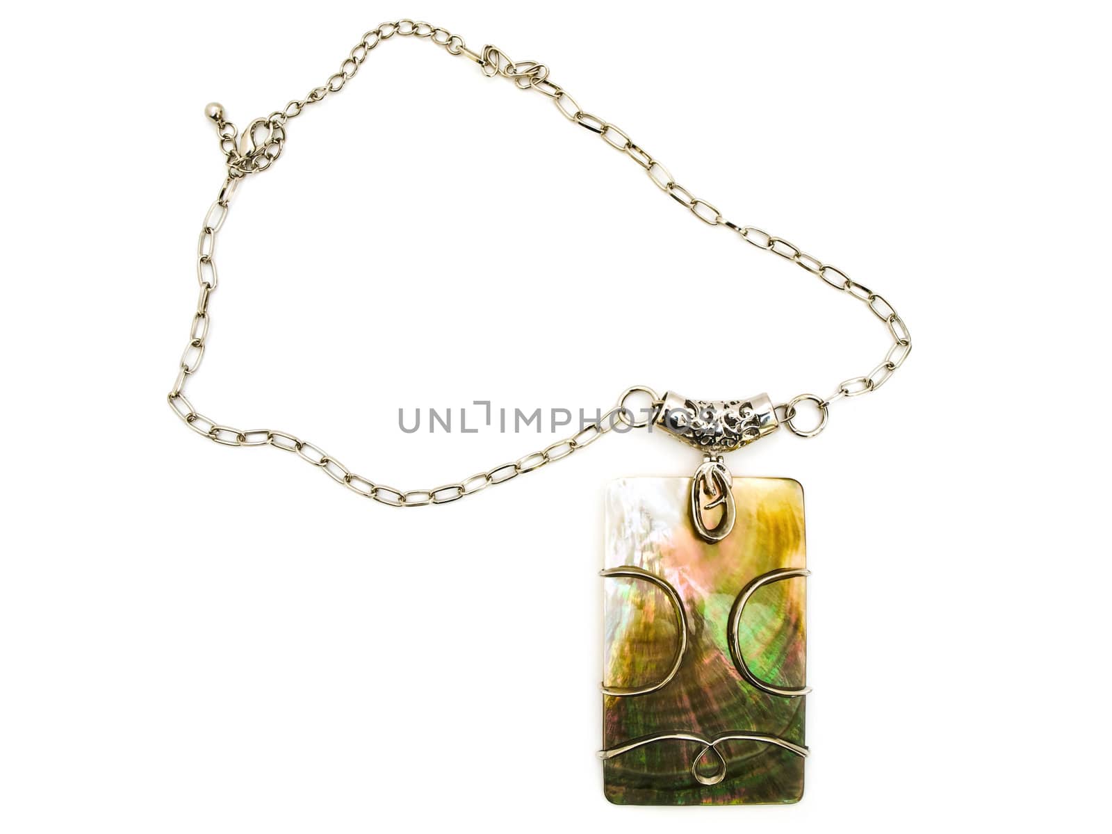  fashion necklace with metal decoration over white background