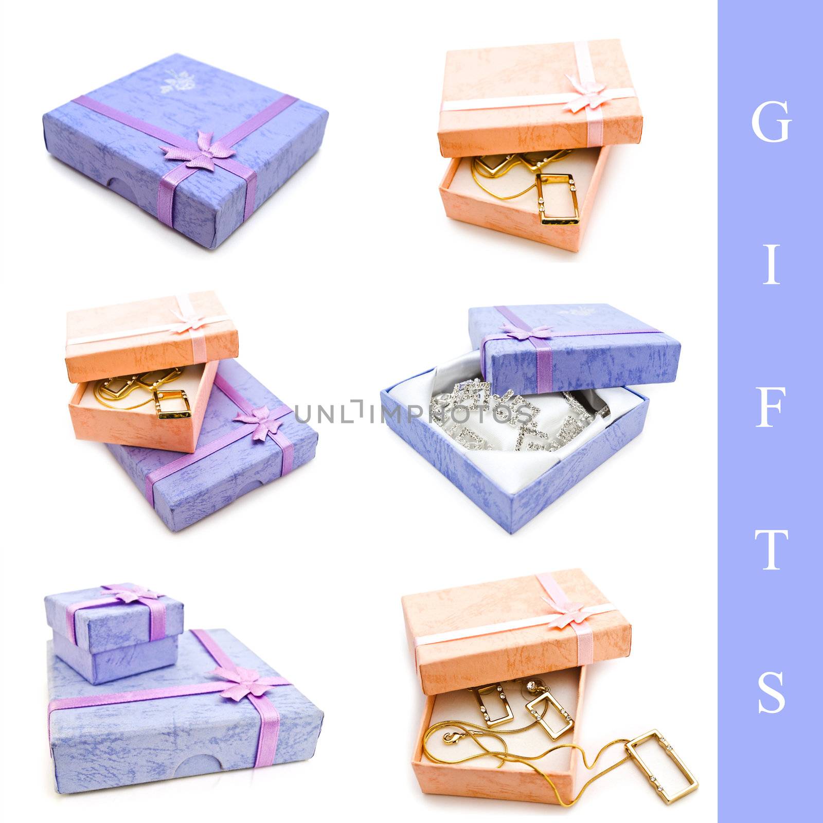 Set of gift with jewelry and box over white background