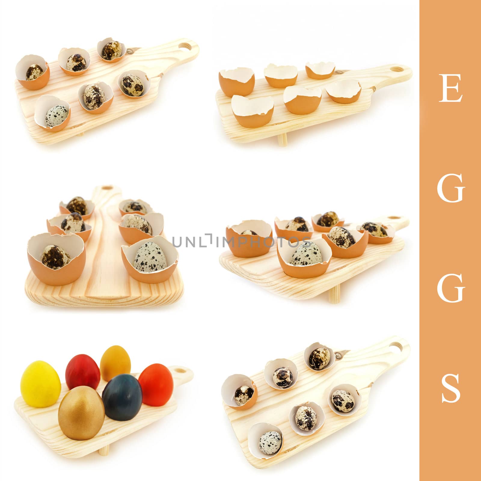 set of different eggs and egg shell in wooden board over white background