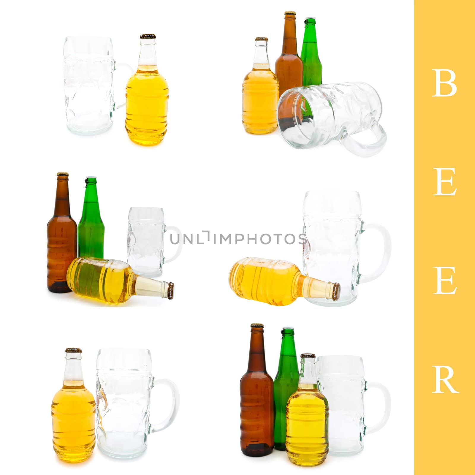 set of bottles with beer over white background