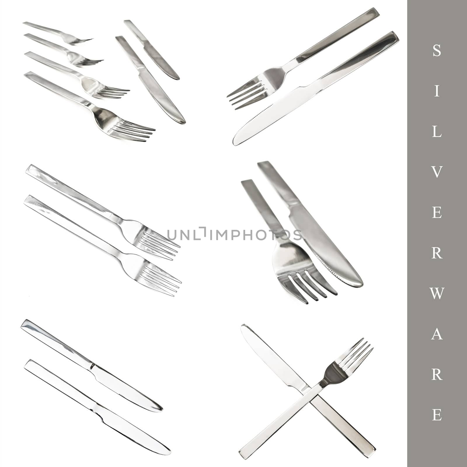 Set of kitchen silverware: knife and fork over white bckground