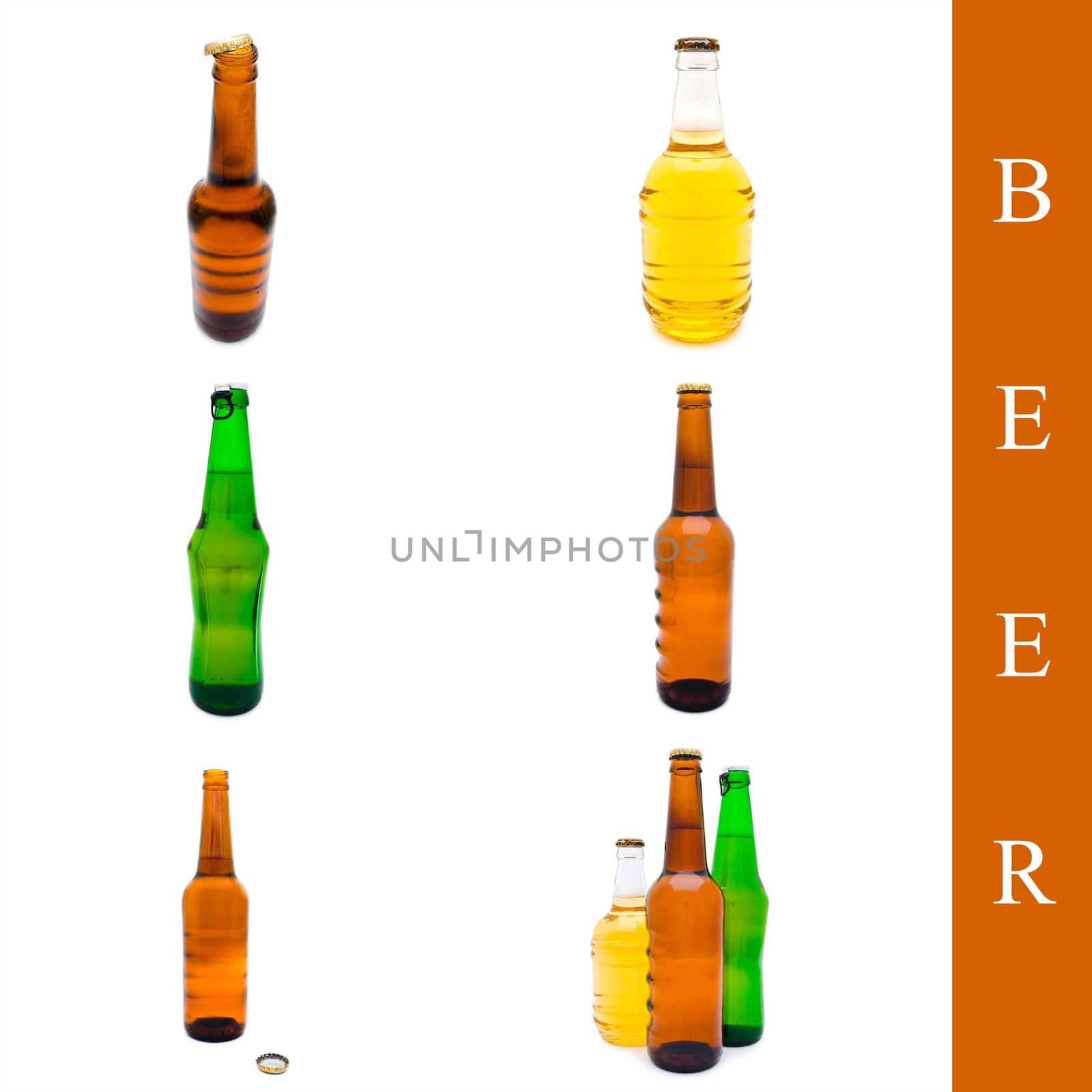 set of bottles with beer over white background