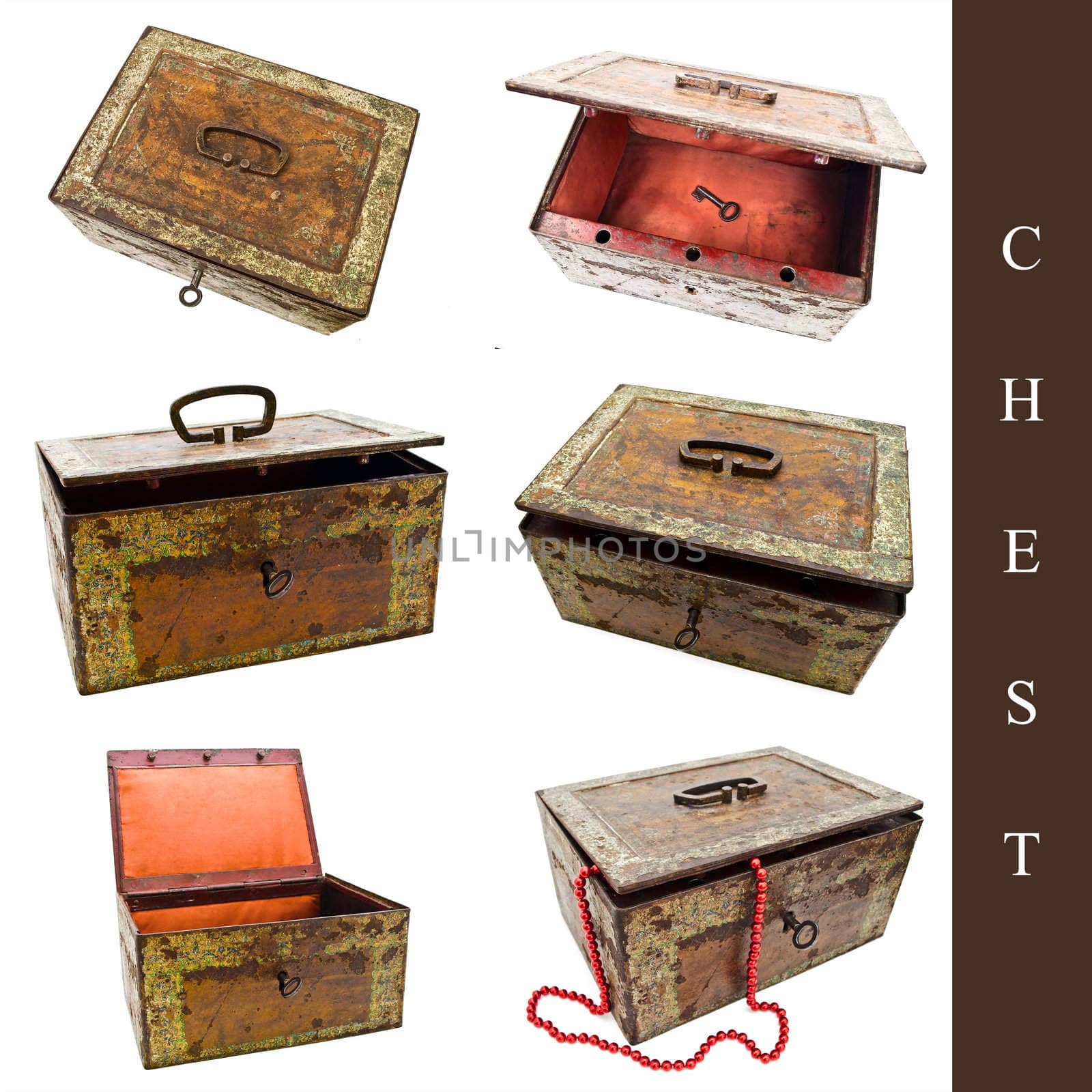 set of six old vintage chests over white background