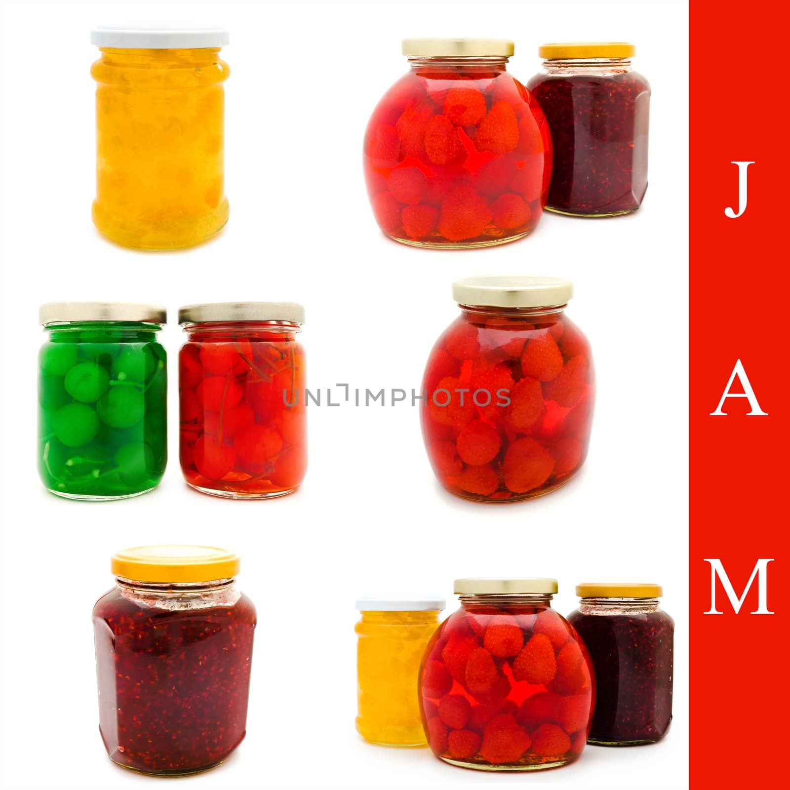 Set of different jam jars with cherry and strawberry over white background