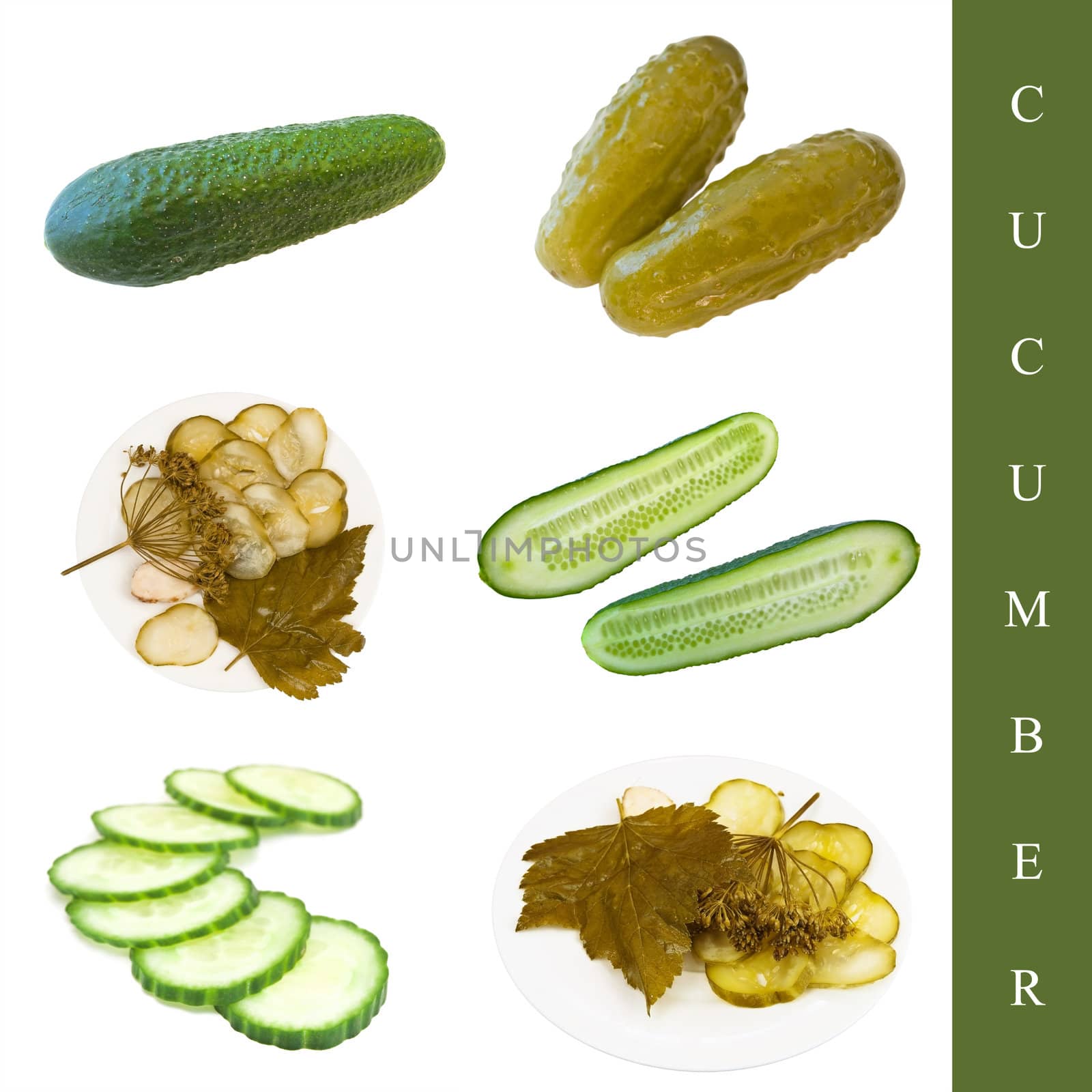 Set of pickled and green cucumbers over white background