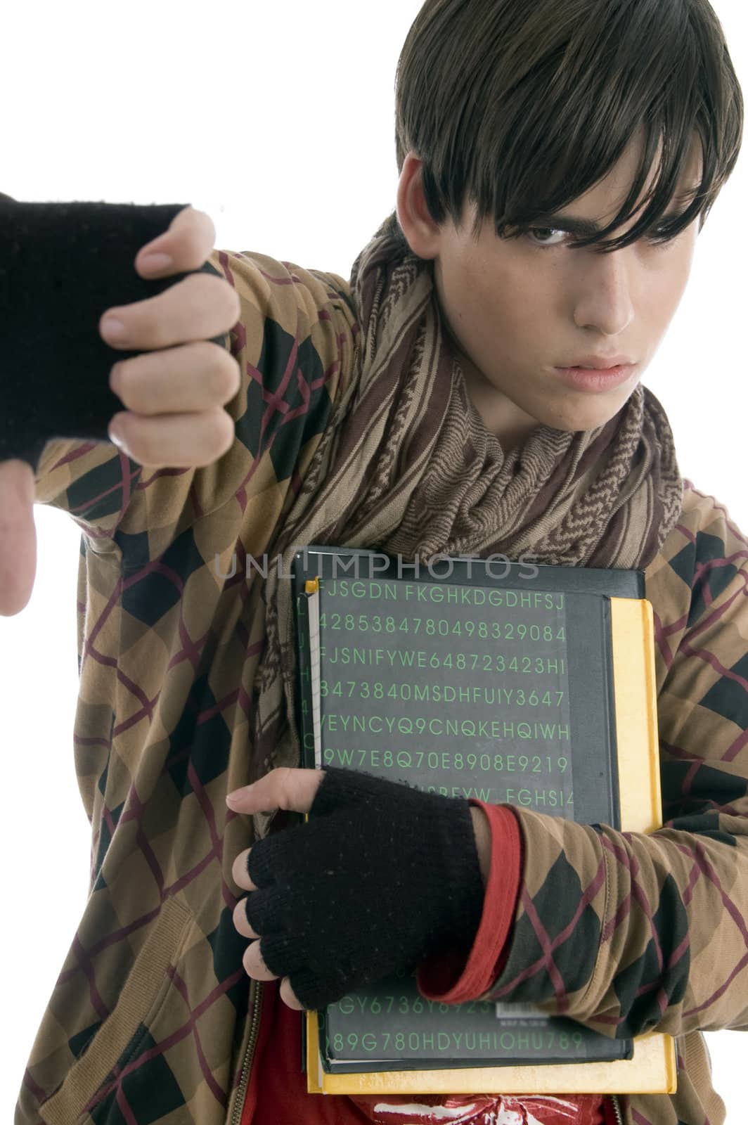 student posing like failed against white background