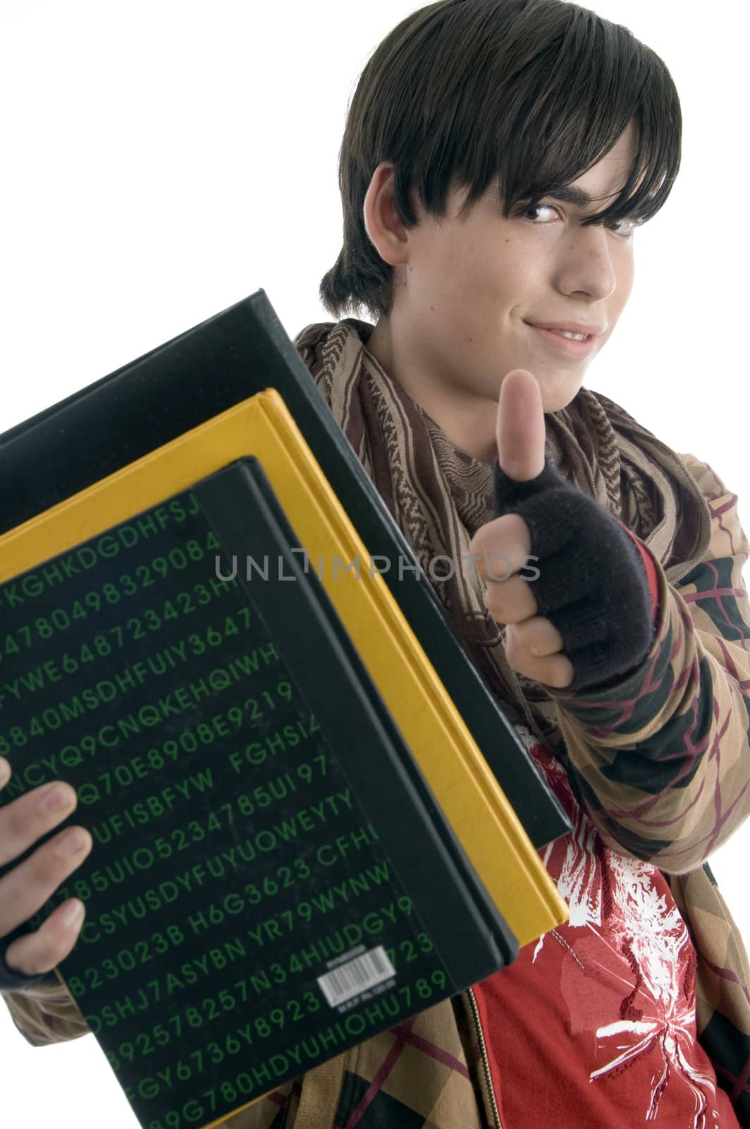 young student posing with books with white background