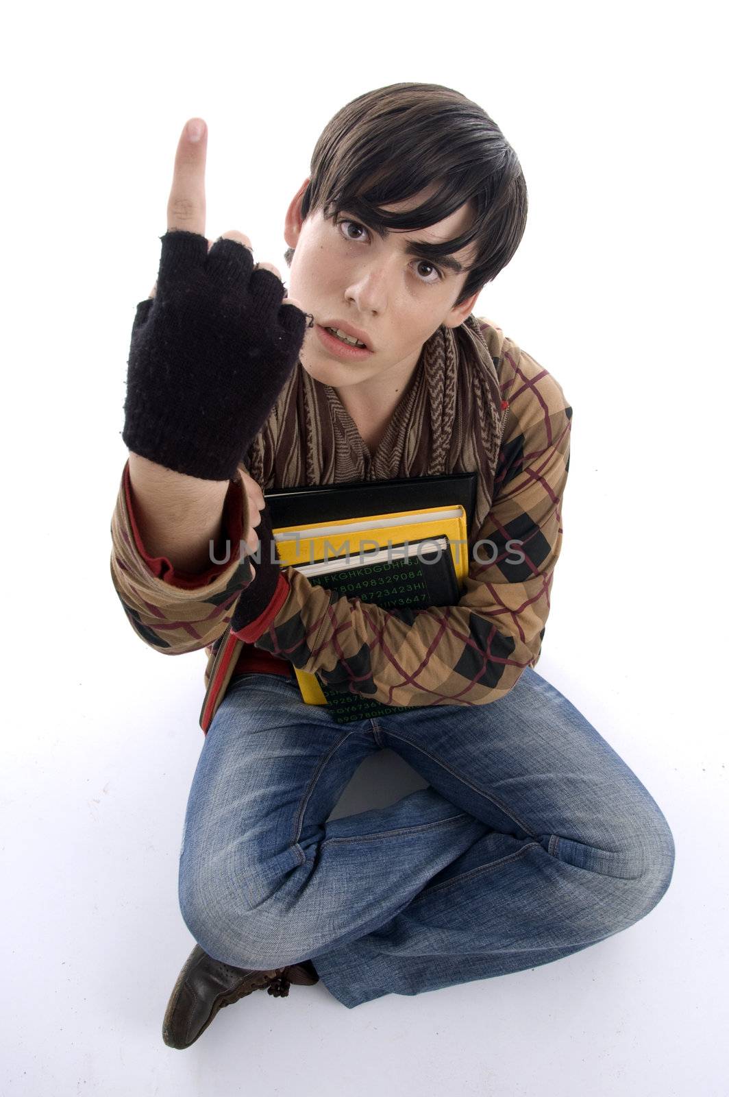 sitting student showing finger with white background