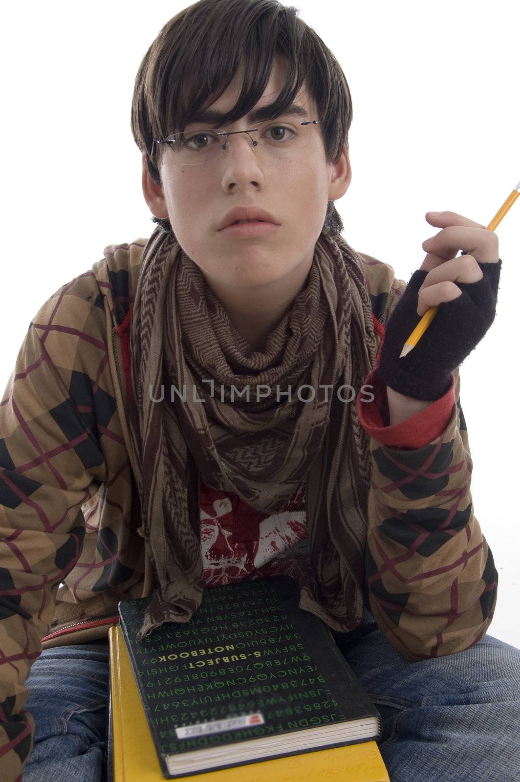 student with pencil and books against white background