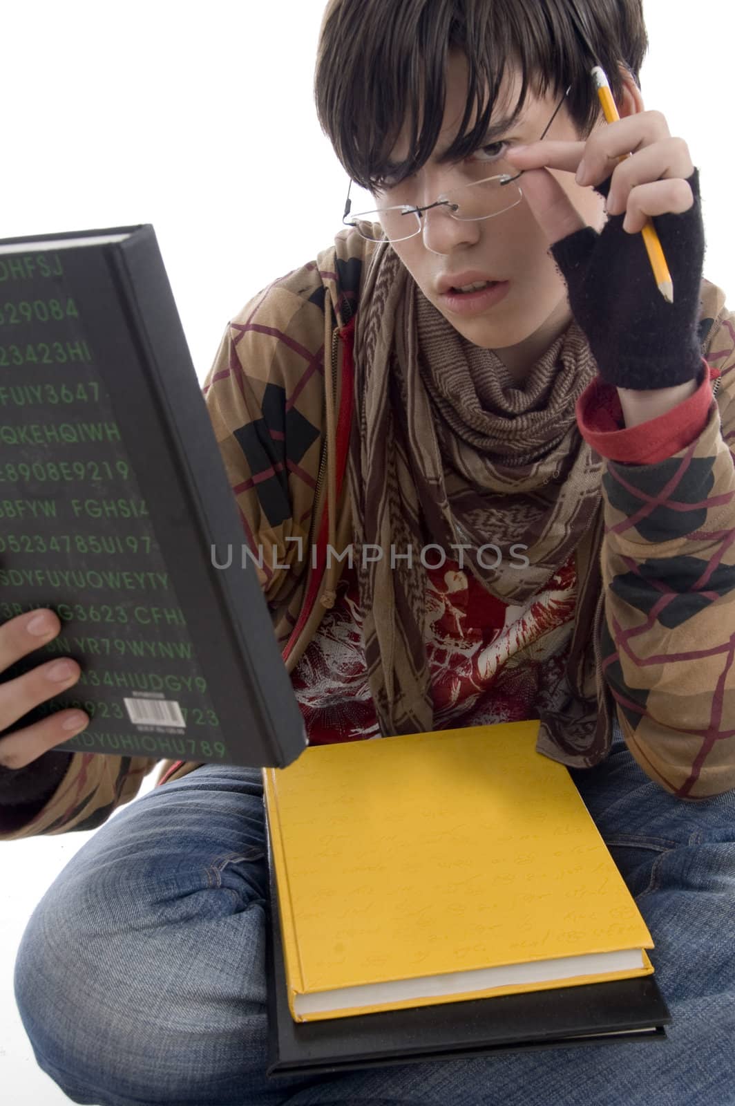 student posing with eyewear and books on an isolated background