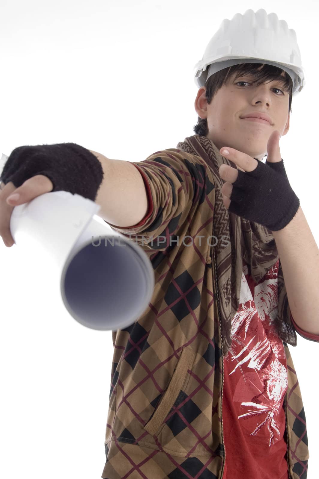 young architect showing paper roll with white background
