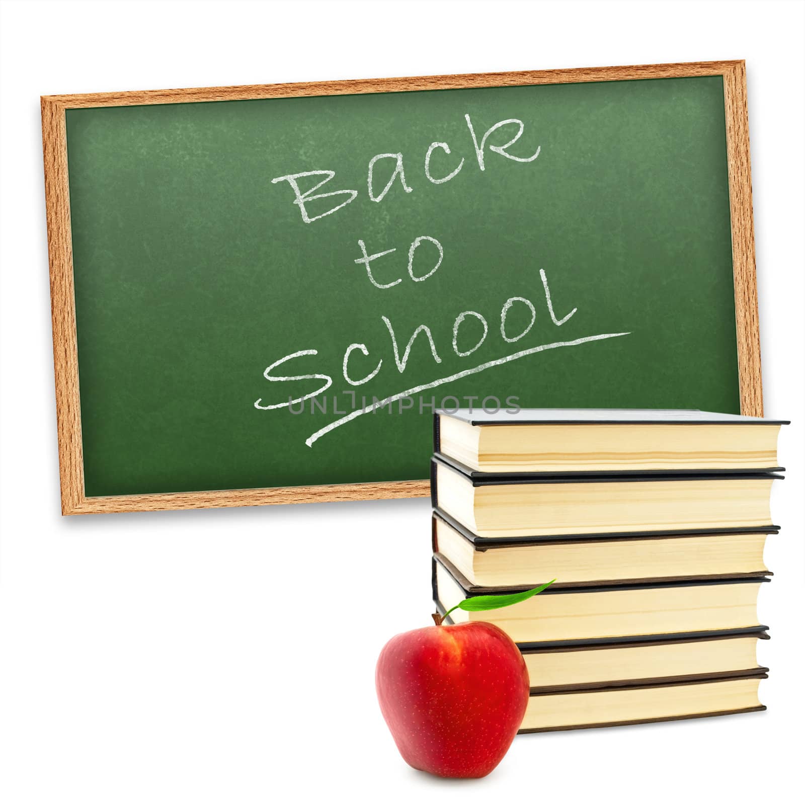 "Back to school!"  theme with red apple and stack of books against green blackboard