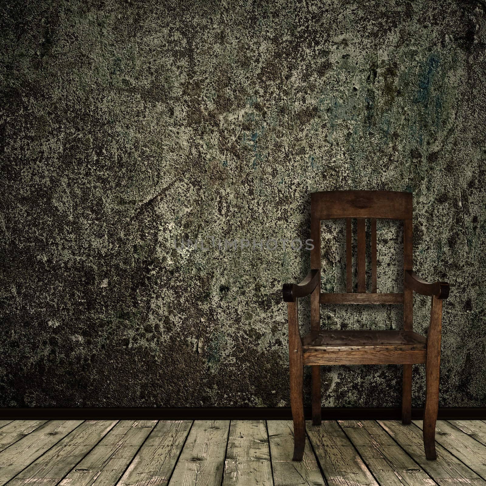 Photo of abstract grunge shabby interior with single chair, copyspace
