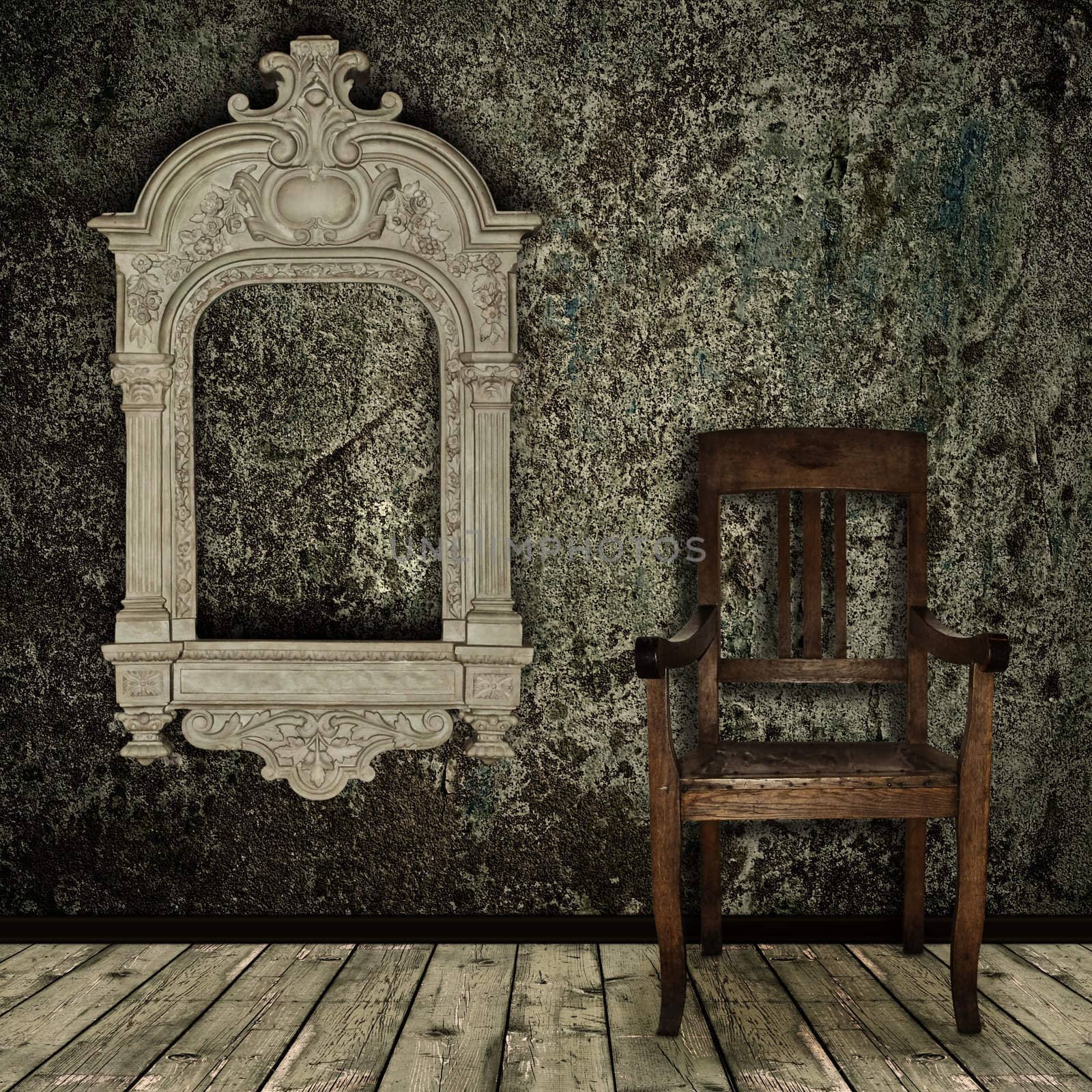 Photo of abstract grunge shabby interior with old chair and vintage frame
