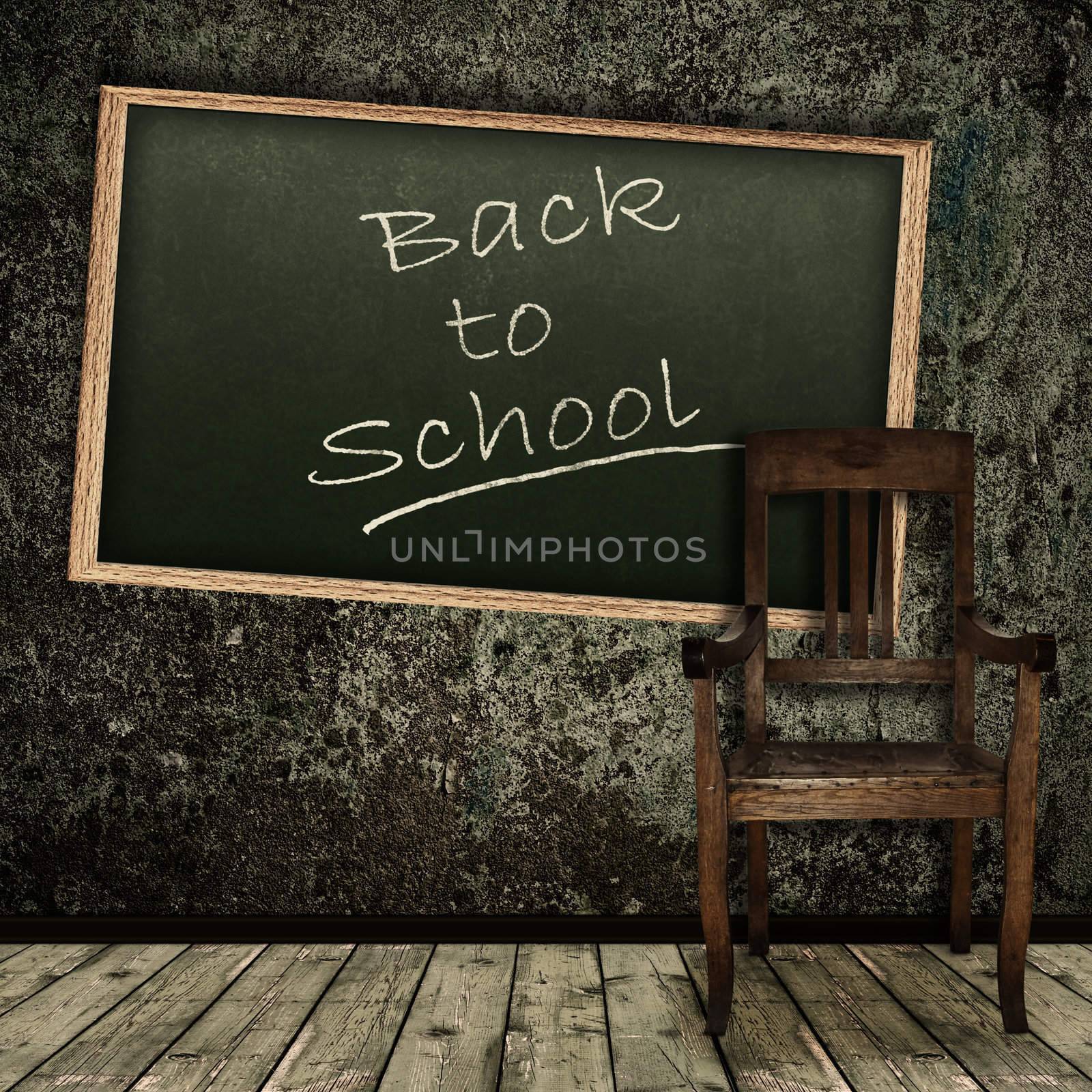 Photo of abstract grunge shabby interior with school blackboard and single chair