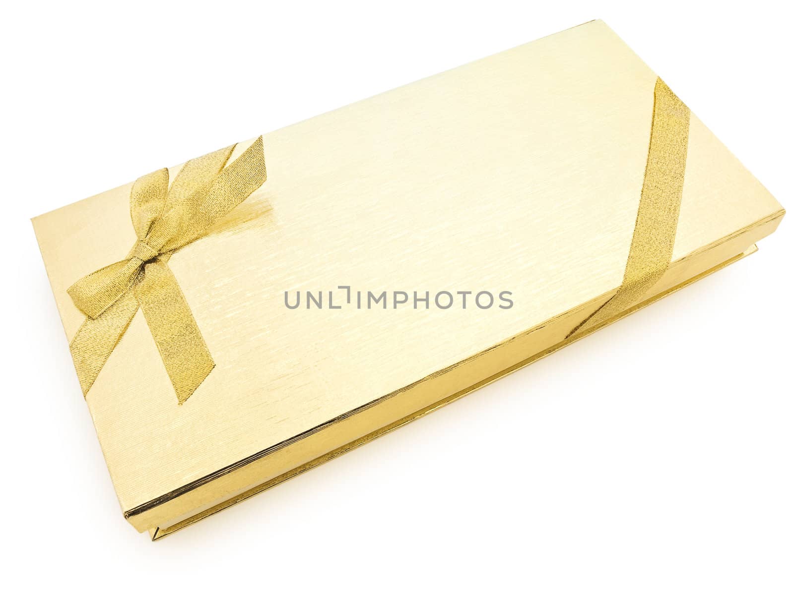 golden gift box with bow over white background