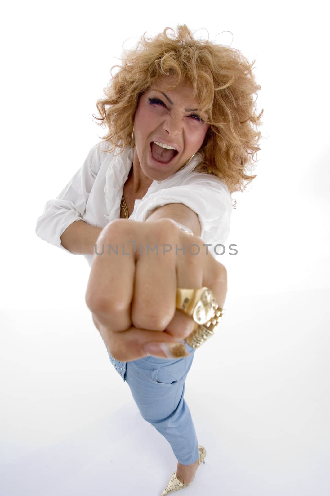 shouting woman showing you punch on an isolated white background