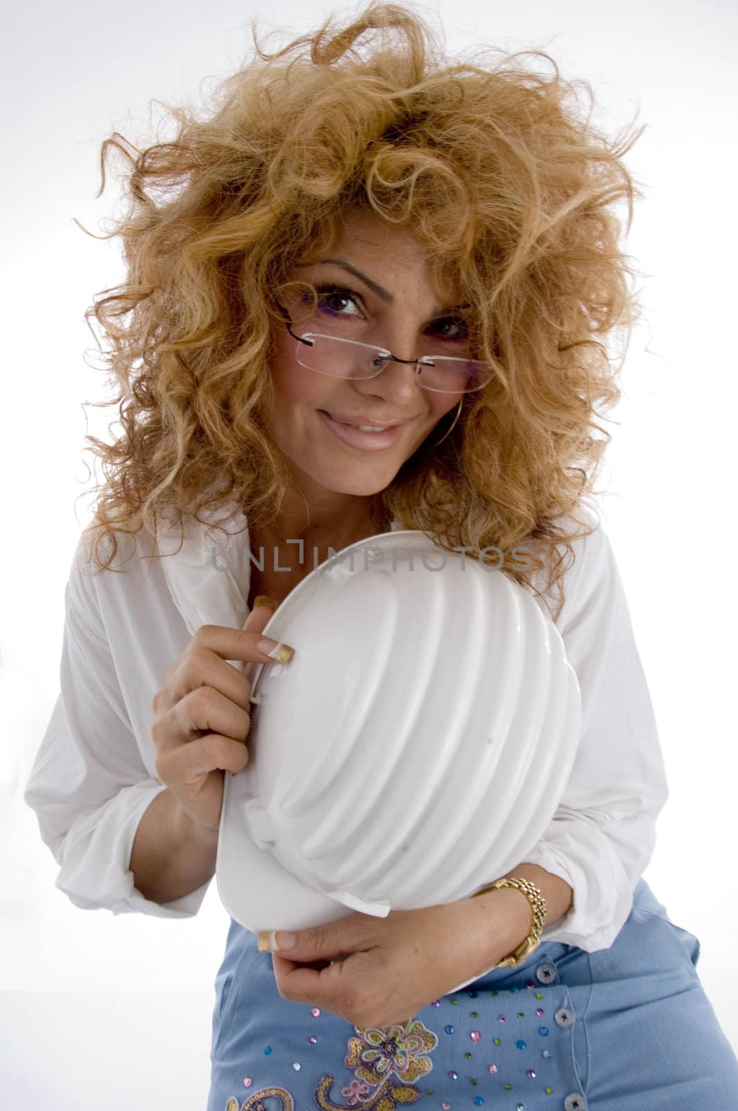 adult woman with architect helmet with white background